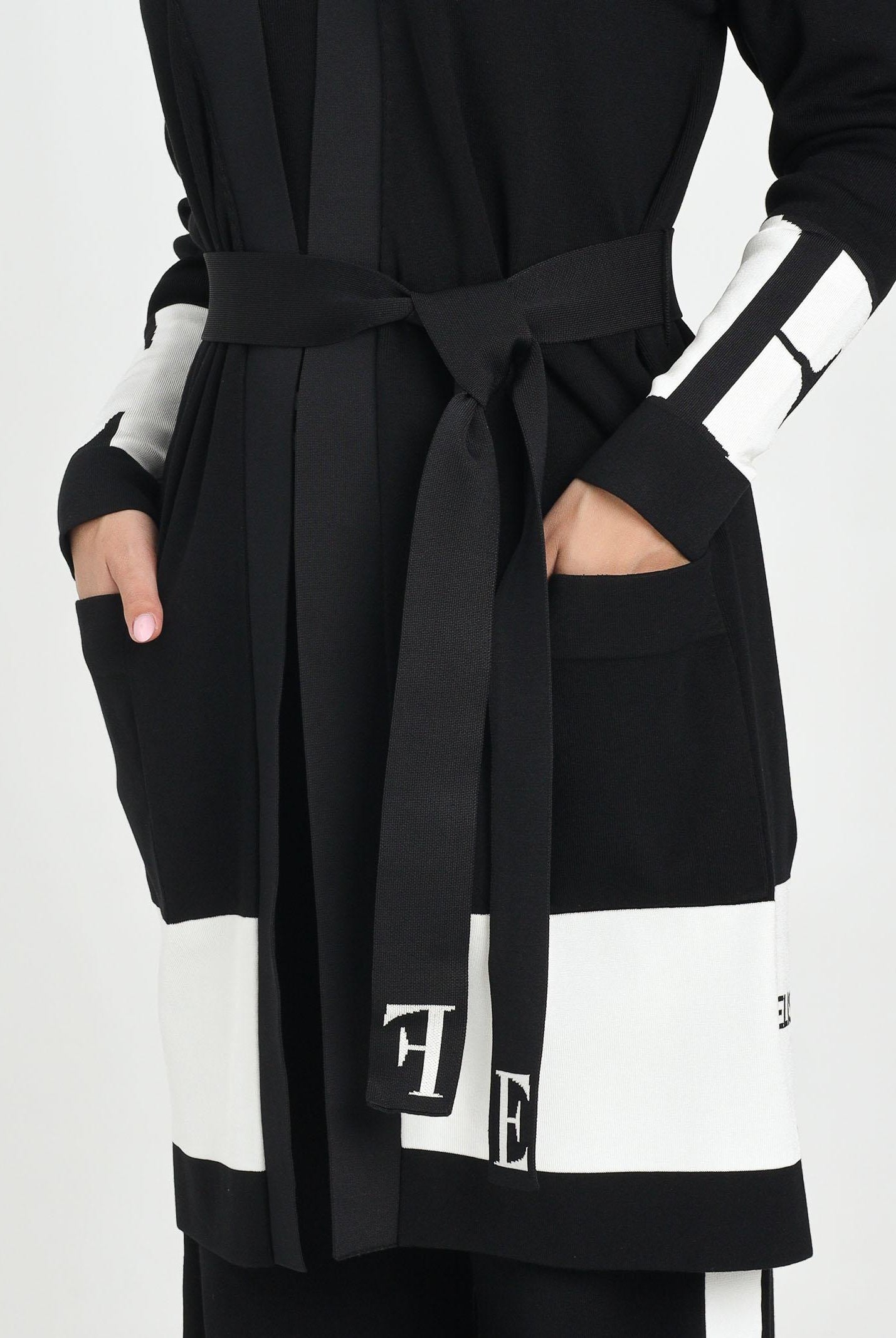 ELISABETTA FRANCHI Cardigan lungo nero da donna con bande lucide MK02S56E2 EF3 ELISABETTA FRANCHI