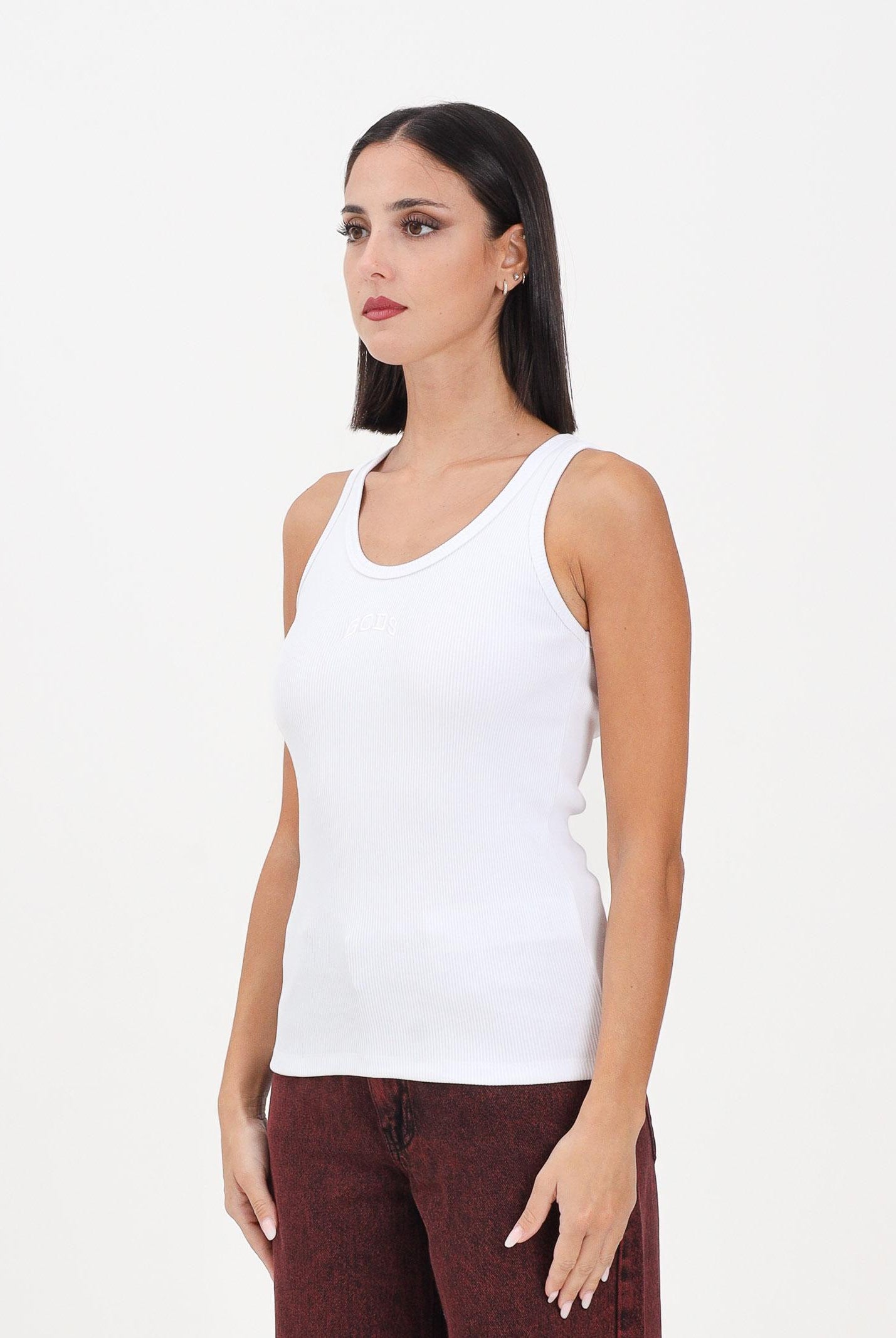 GCDS Canotta bianca da donna in cotone a costine con logo B2EW2801JA2 10 GCDS