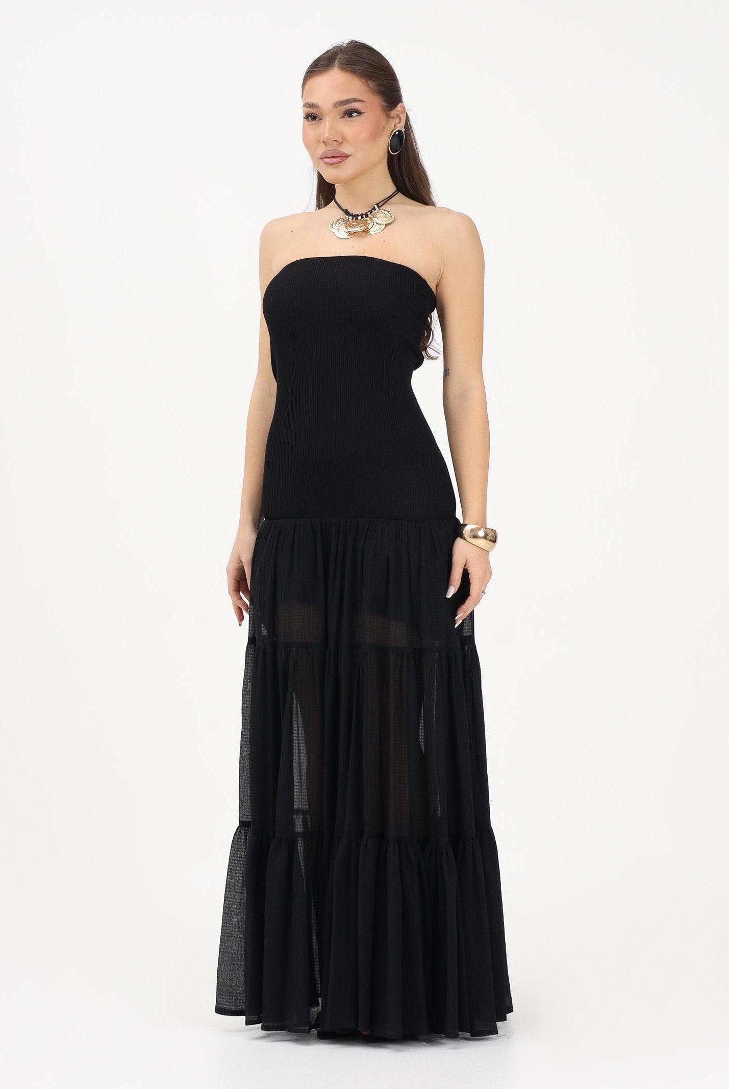 PINKO Abito lungo strapless nero da donna con gonna in voile 107015A3D1 Z99 PINKO