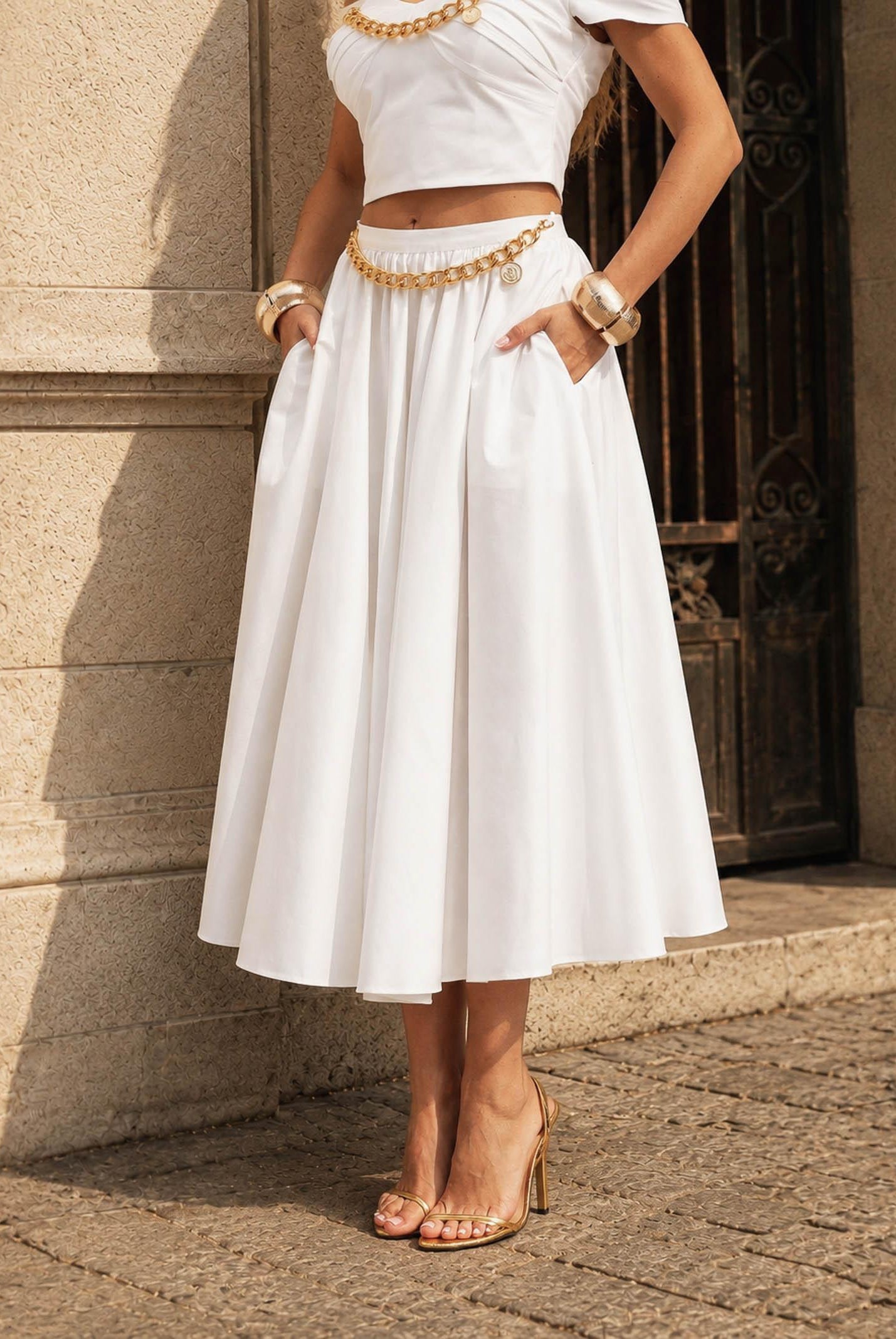 ELISABETTA FRANCHI Gonna midi bianca da donna con dettaglio gioiello GO16061E2 100 ELISABETTA FRANCHI