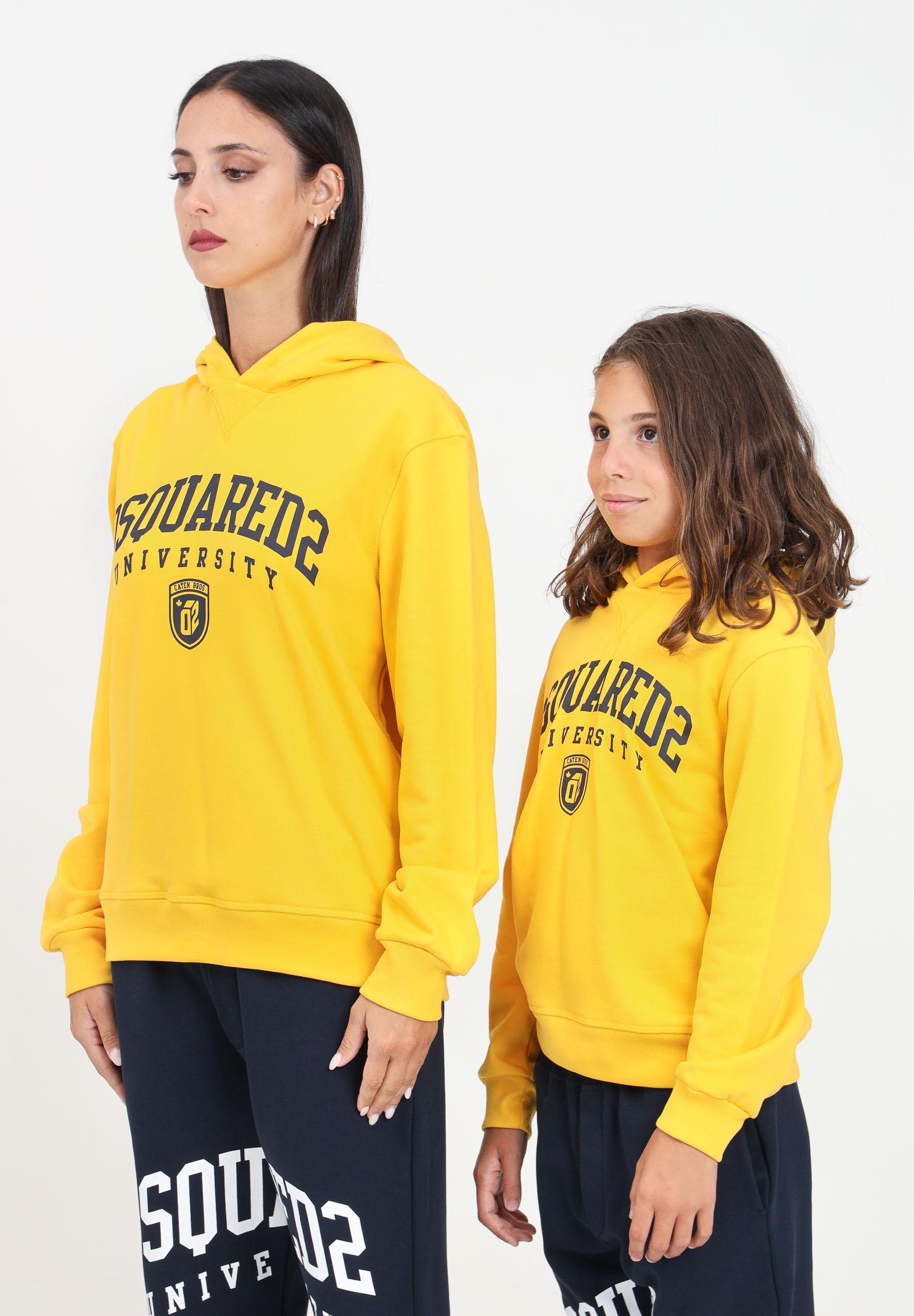 Felpa con cappuccio gialla per donna e bambina rifinita da logo stile college DQ2466D0094 DQ201 DSQUARED2