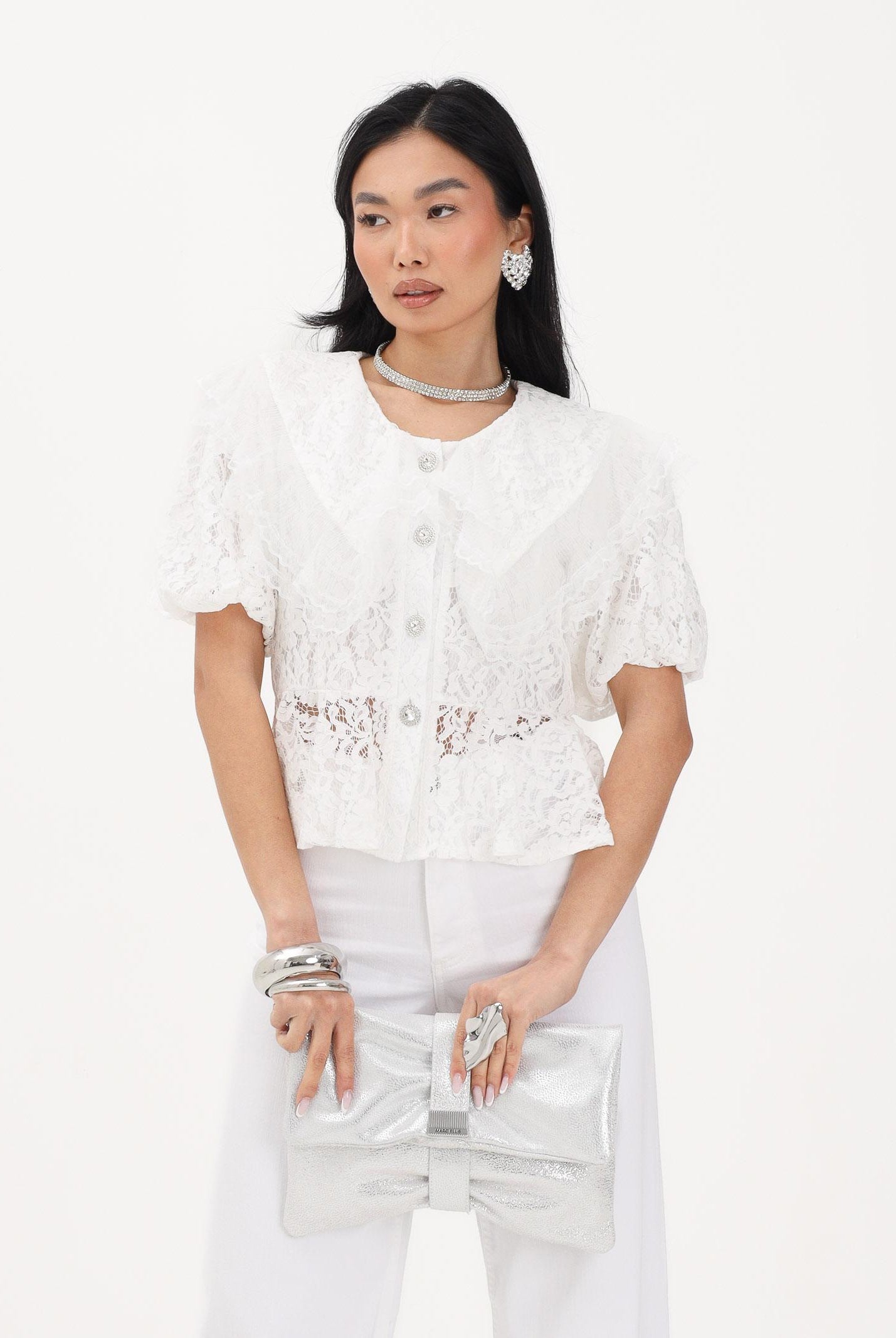 TPN Camicia a manica corta in pizzo bianco da donna FRODYCE232S6 D7 TPN