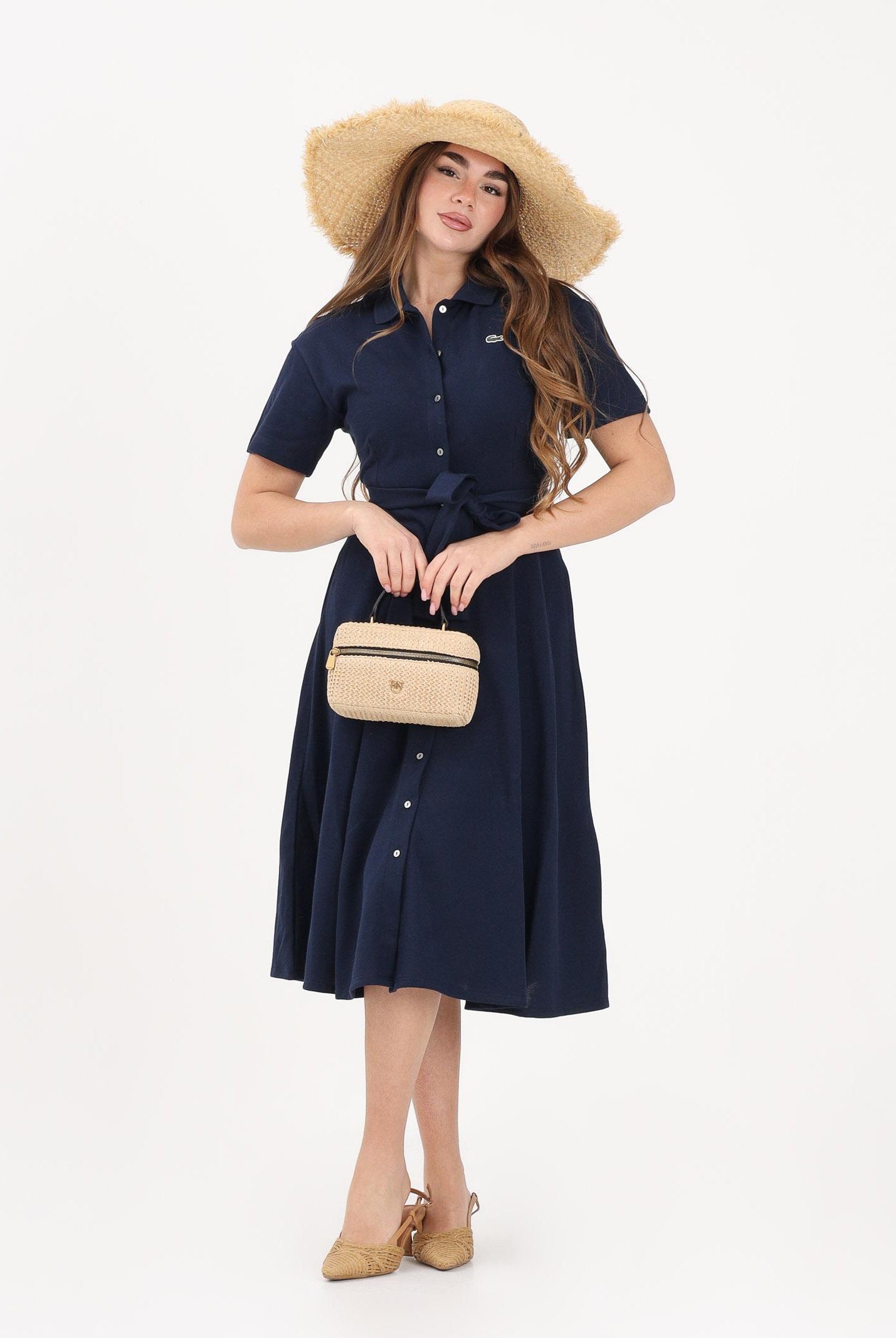 LACOSTE Abito midi blu da donna in mini piqué EF9621 166 LACOSTE