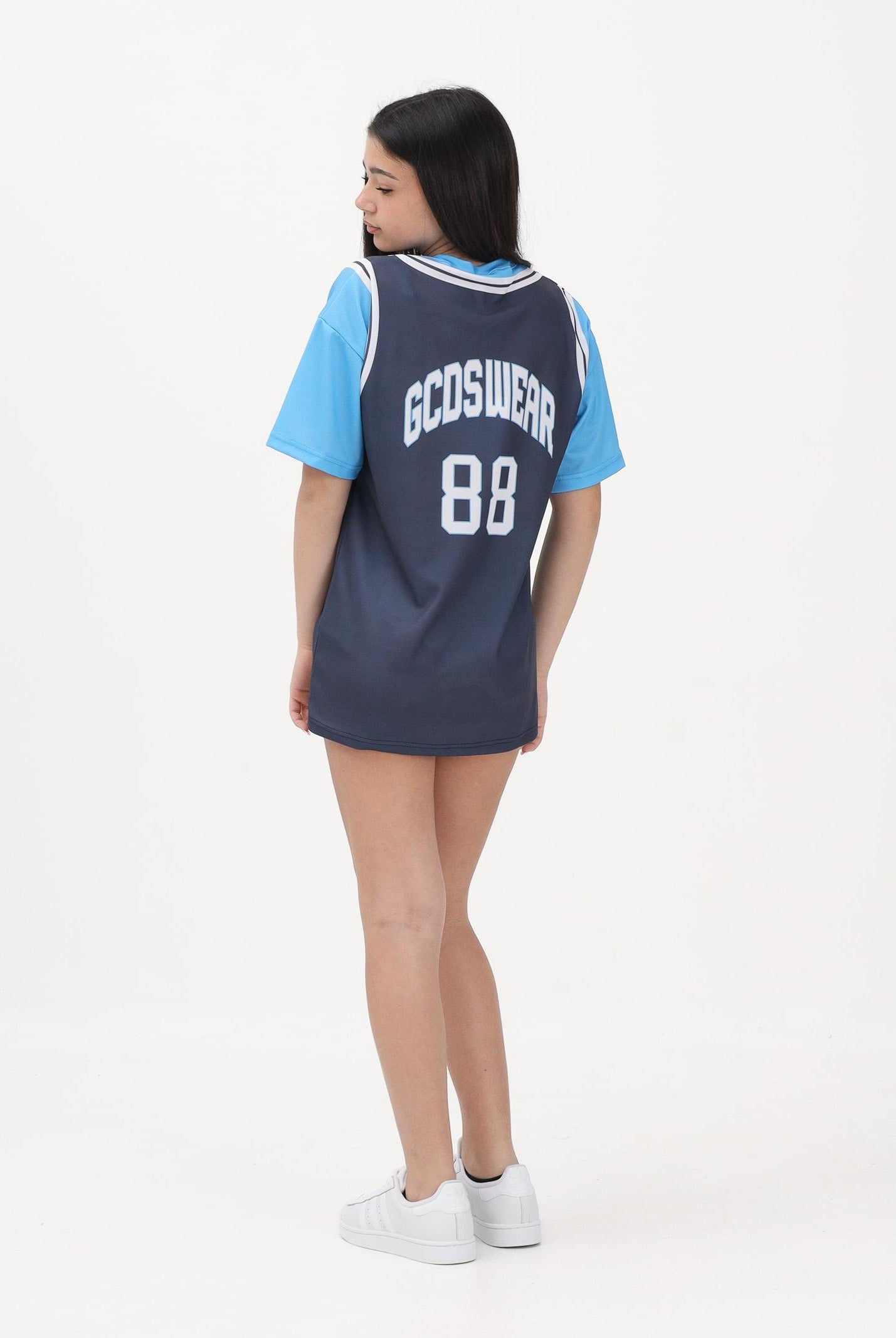 GCDS Abito corto blu e azzurro per donna, ragazze e bambine con stampa C1GJQB708J338 782E GCDS