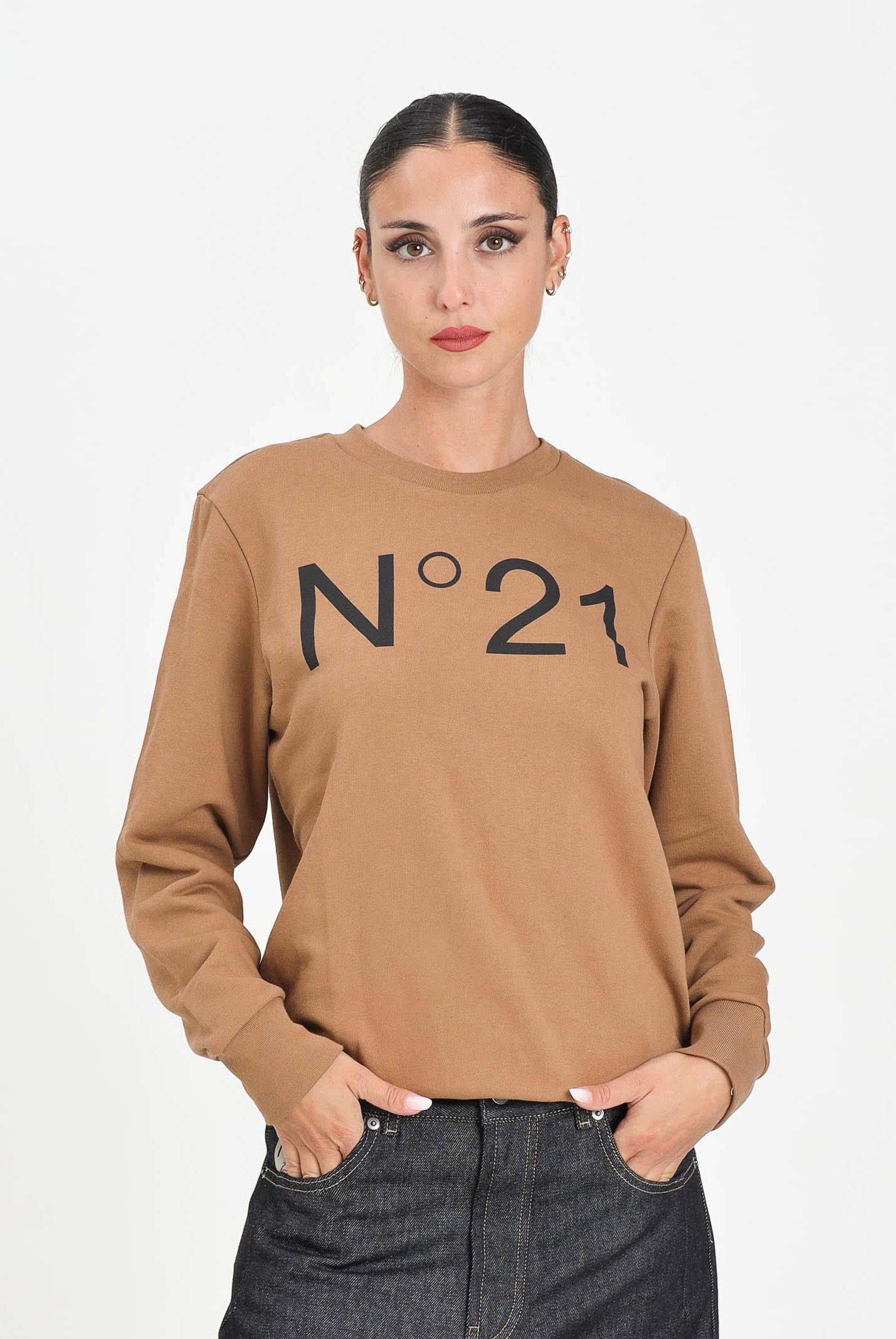 N21 Felpa girocollo cammello per donna, ragazzi e bambini con logo a contrasto N21588N0154 0N720 N21