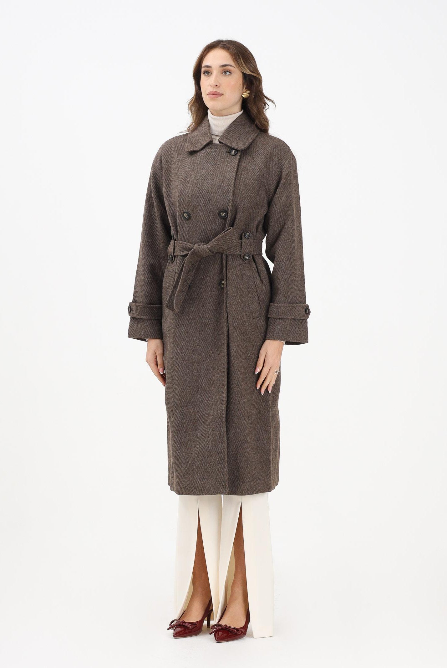 ONLY Cappotto lungo doppiopetto marrone da donna con motivo a spina di pesce 15353049 SealBrown ONLY