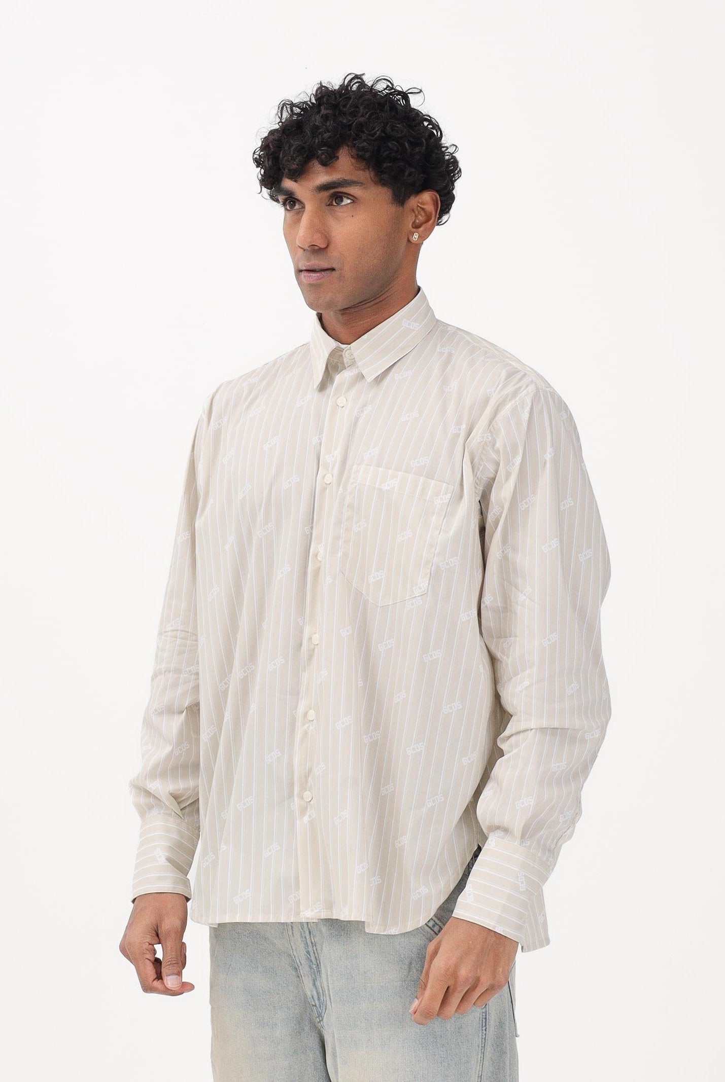 GCDS Camicia a manica lunga beige da uomo con logo C1MWQH166B061 320U GCDS