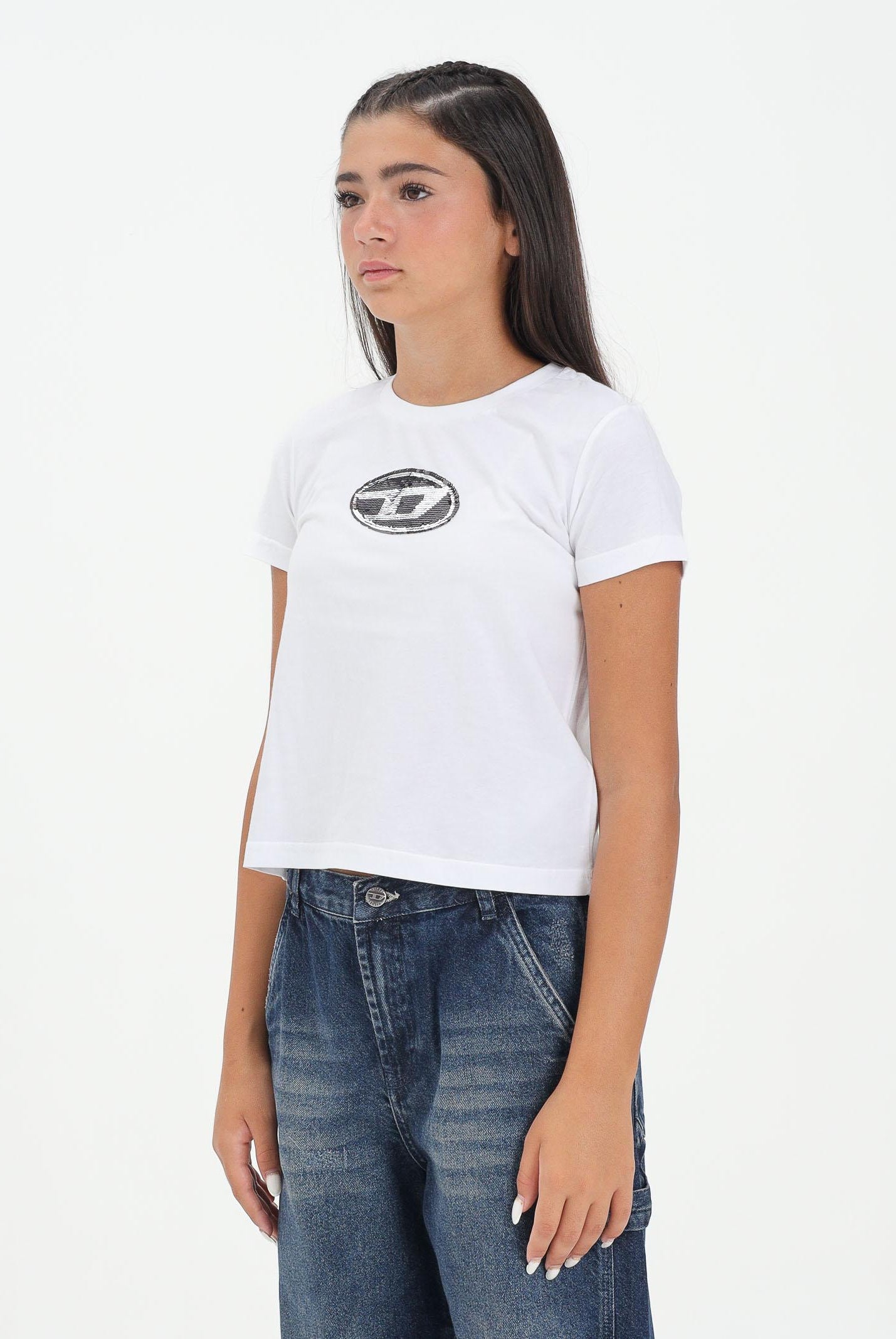 DIESEL T-shirt a manica corta bianca per donna e ragazze con logo in paillettes J02371KYAUN K100 DIESEL