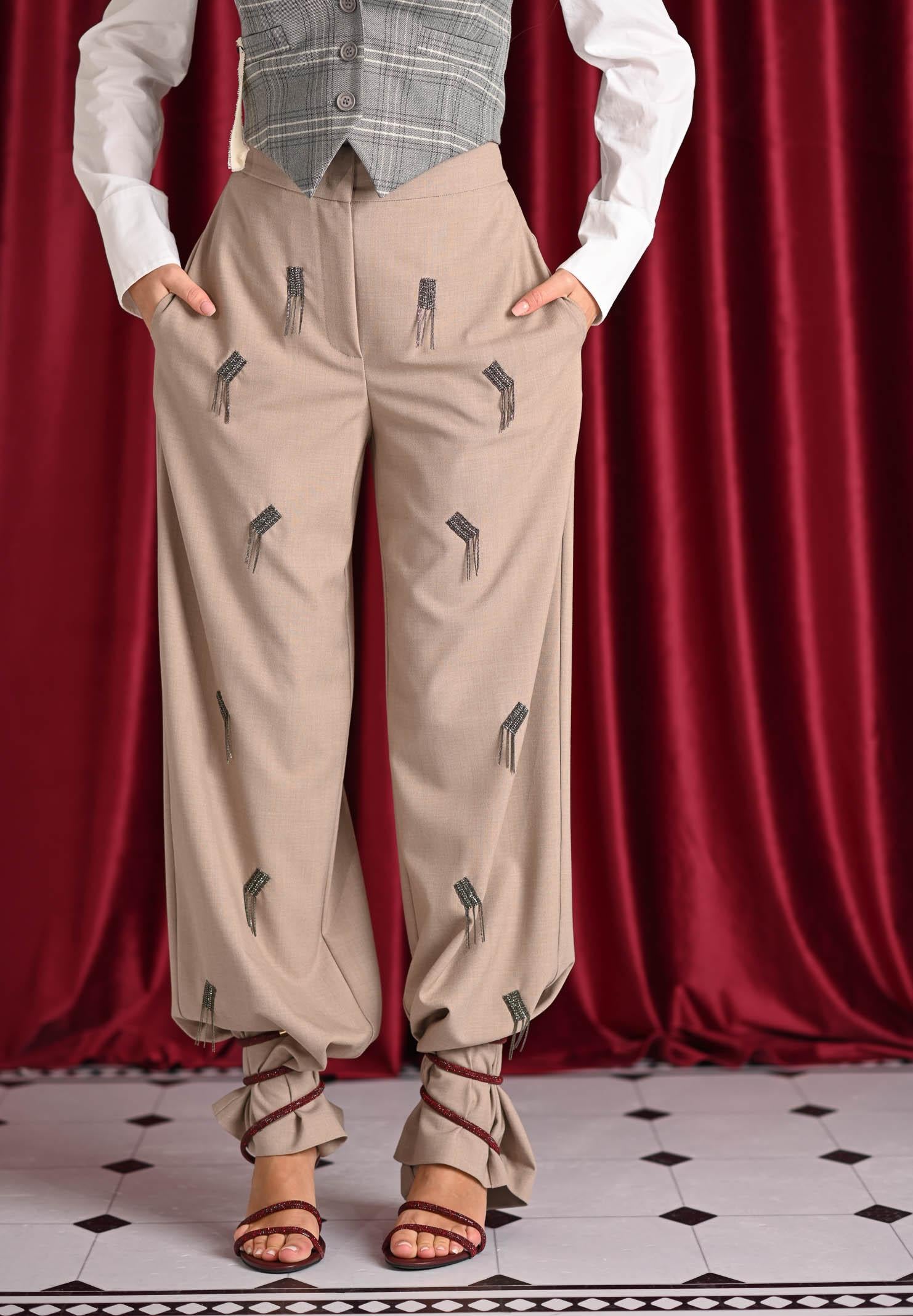 SIMONA CORSELLINI Pantalone elegante beige da donna con applicazioni gioiello A25CPPA02101-C00237 V0703 SIMONA CORSELLINI