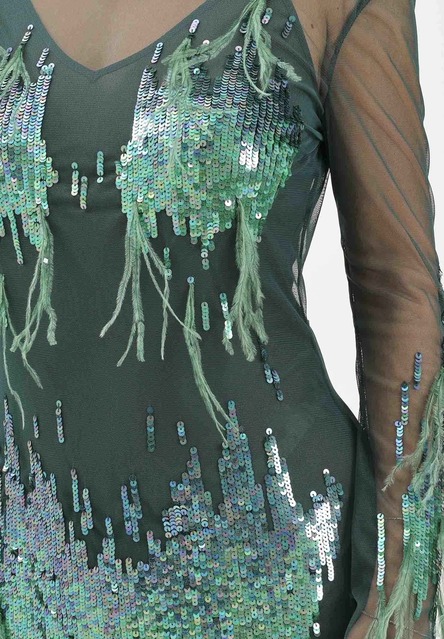 PINKO Abito lungo verde da donna con paillettes e piume 105579A2SY AS0 PINKO