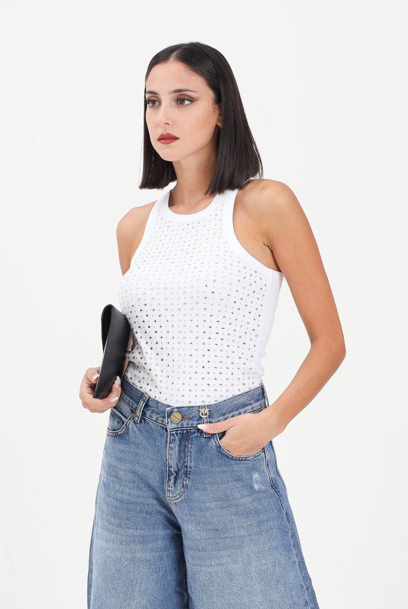 PINKO Canotta bianca da donna con strass e borchie 105928A2XY Z04 PINKO