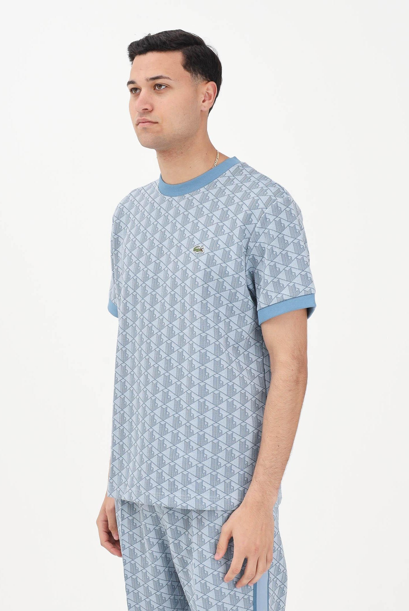 LACOSTE T-shirt a manica corta azzurra da uomo con monogramma jacquard TH1197 1QI LACOSTE