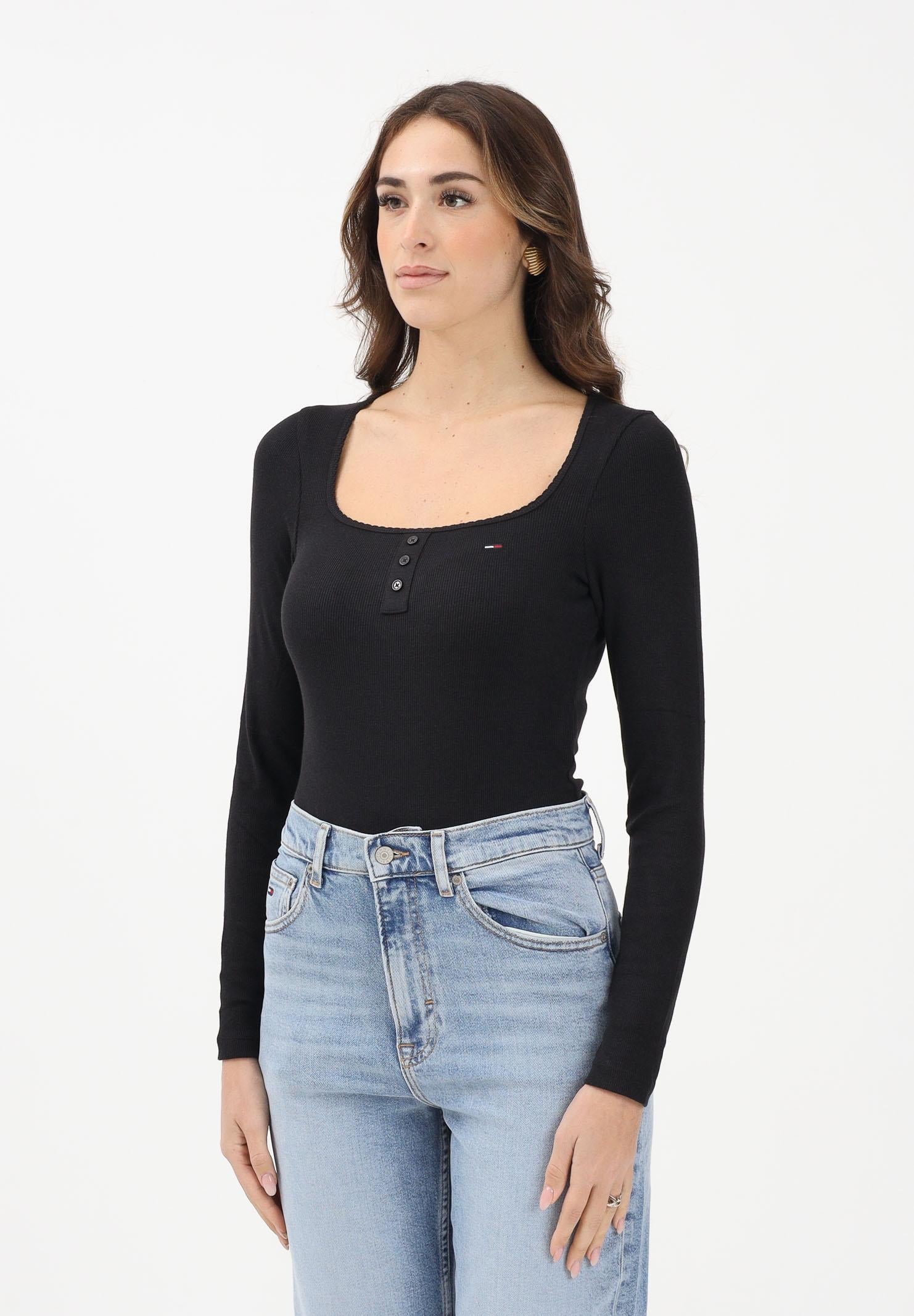 TOMMY JEANS Body a manica lunga nero da donna con logo DW0DW22533 BDS TOMMY JEANS