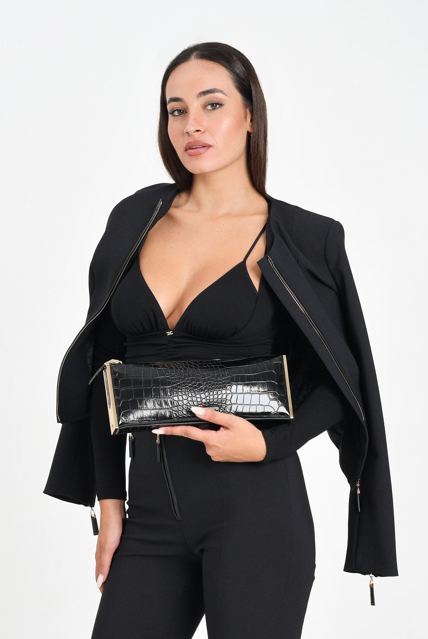 ELISABETTA FRANCHI Giacca nera da donna in doppio crêpe con dettagli zip<BR/> GI17356E2 110 ELISABETTA FRANCHI