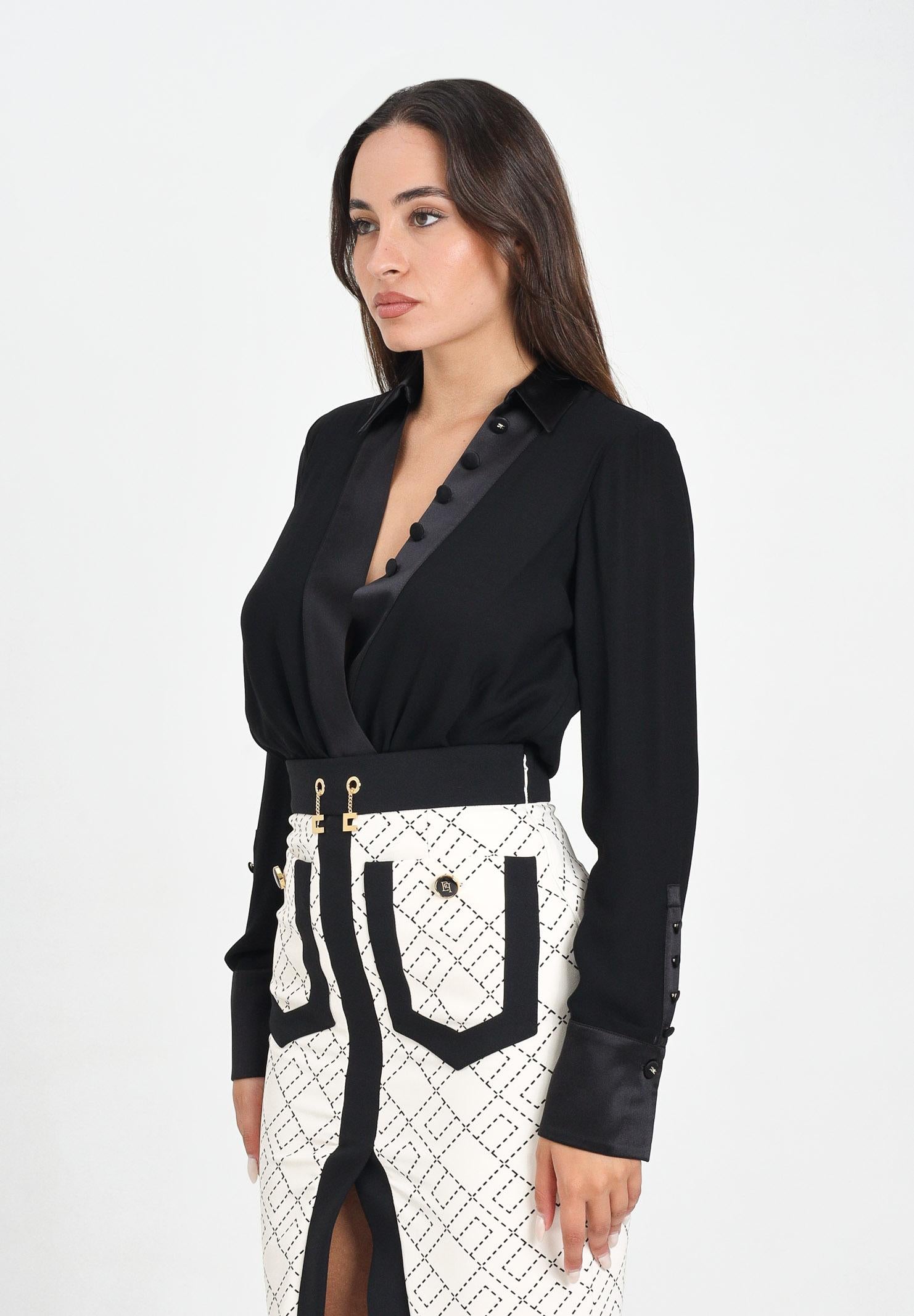 ELISABETTA FRANCHI Body a manica lunga nero da donna in georgette di viscosa e raso CB00356E2 110 ELISABETTA FRANCHI