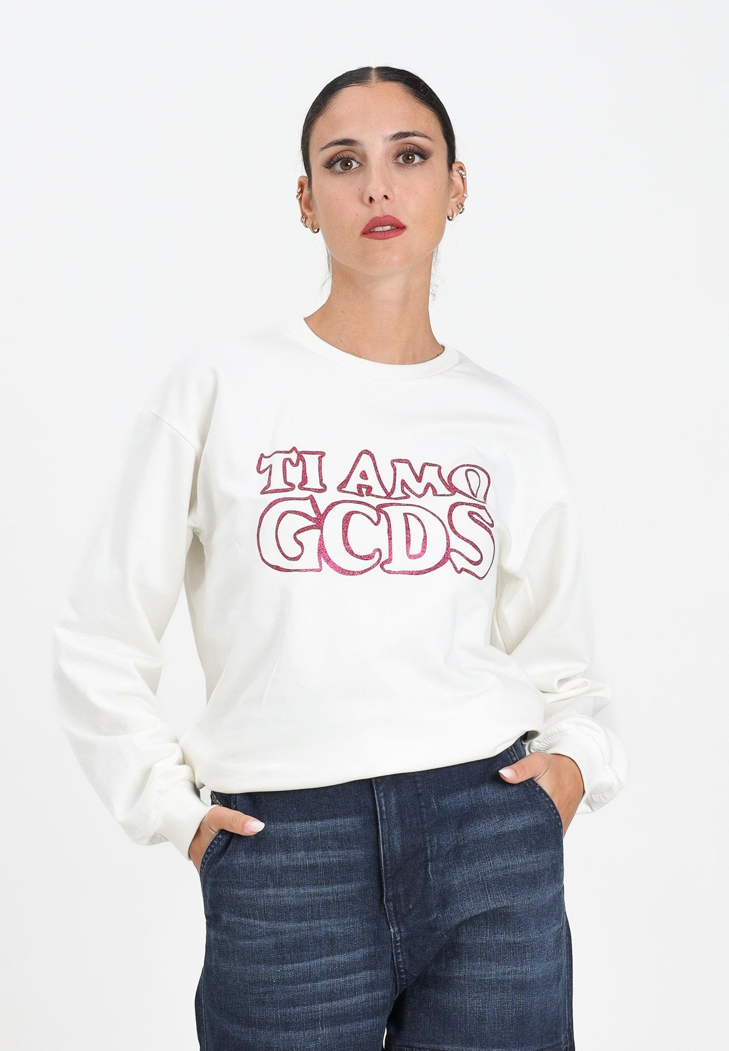 GCDS Felpa girocollo bianca per donna e ragazze con stampa in strass B2JW1532BA5 15 GCDS