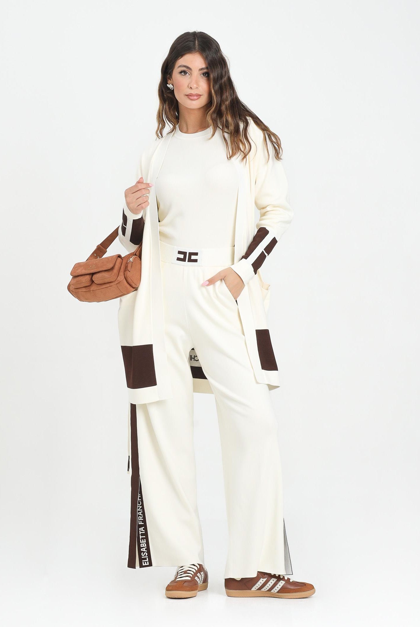 ELISABETTA FRANCHI Cardigan lungo panna da donna con bande lucide MK02S56E2 EG2 ELISABETTA FRANCHI