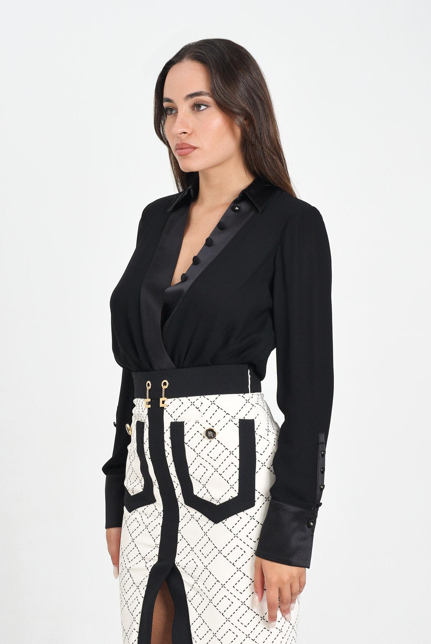 ELISABETTA FRANCHI Body a manica lunga nero da donna in georgette di viscosa e raso CB00356E2 110 ELISABETTA FRANCHI