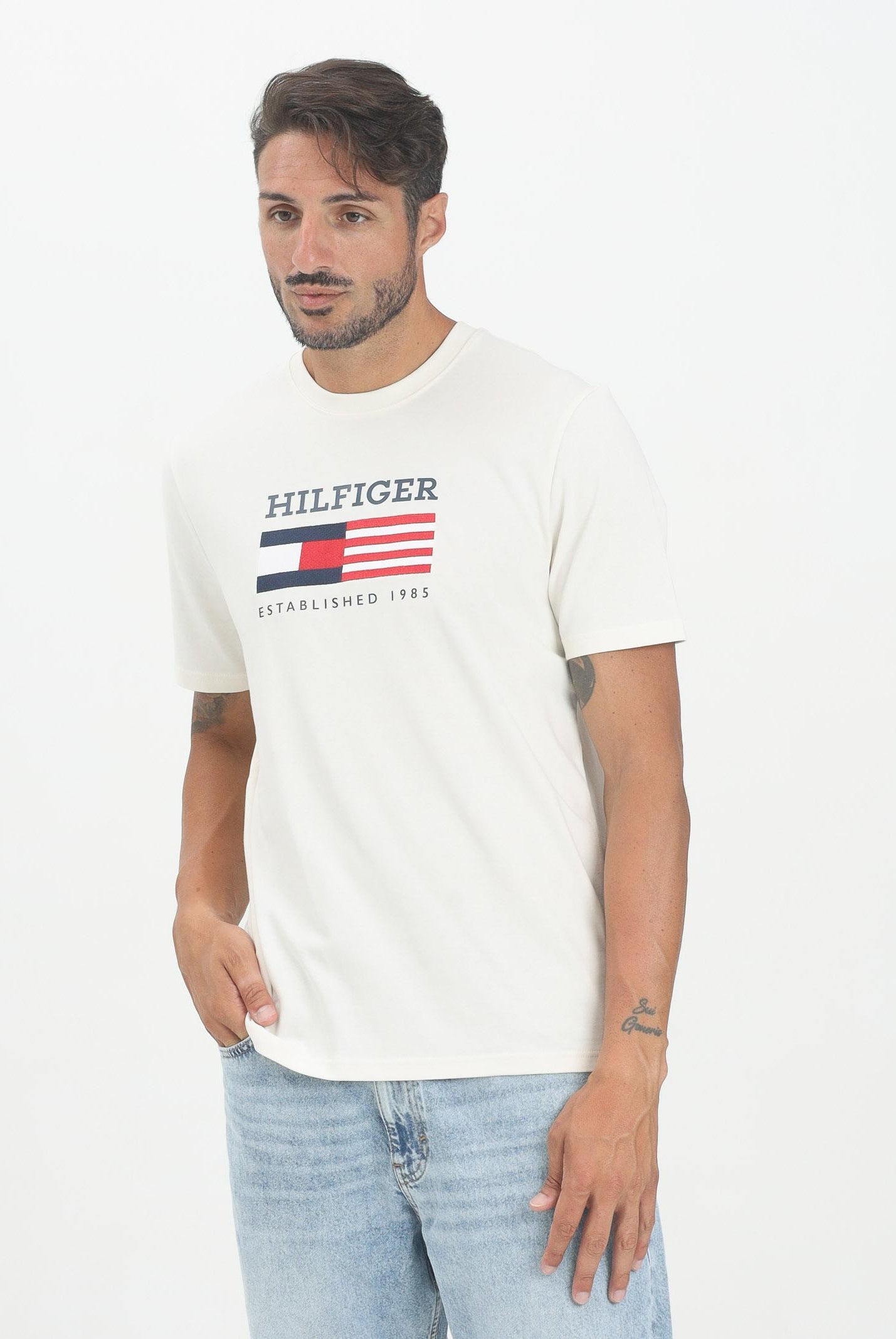 TOMMY HILFIGER T-shirt a manica corta panna da uomo con logo MW0MW39843Z00 TOMMY HILFIGER