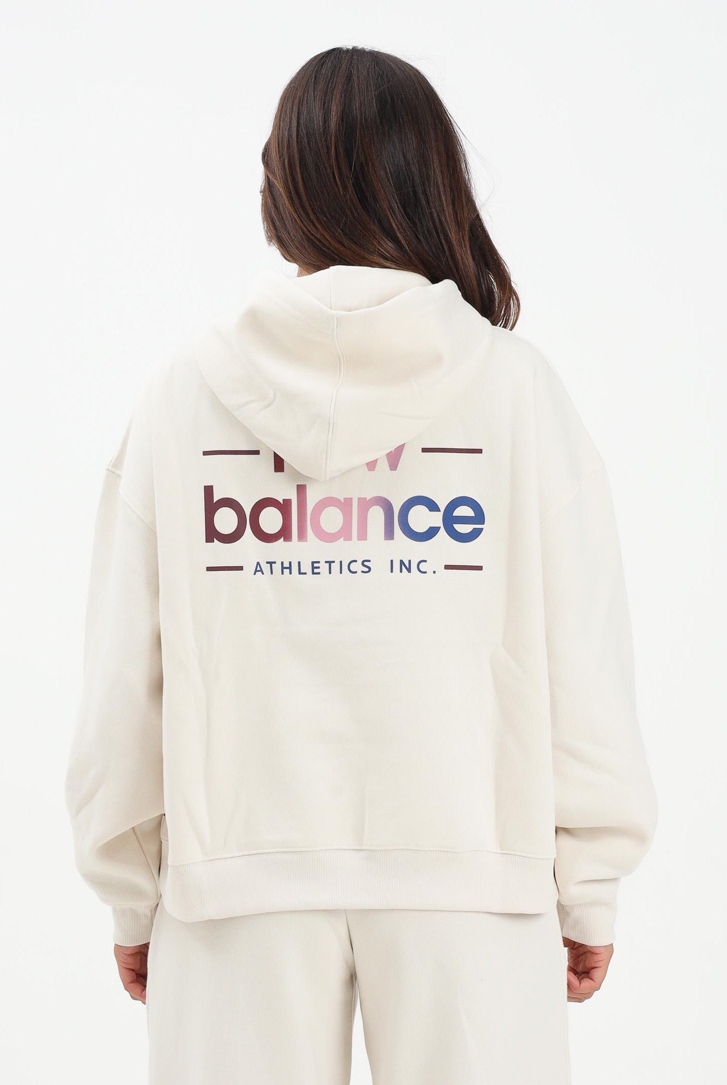 NEW BALANCE Felpa con cappuccio panna da donna rifinita da stampa logo WT53515LIN . NEW BALANCE