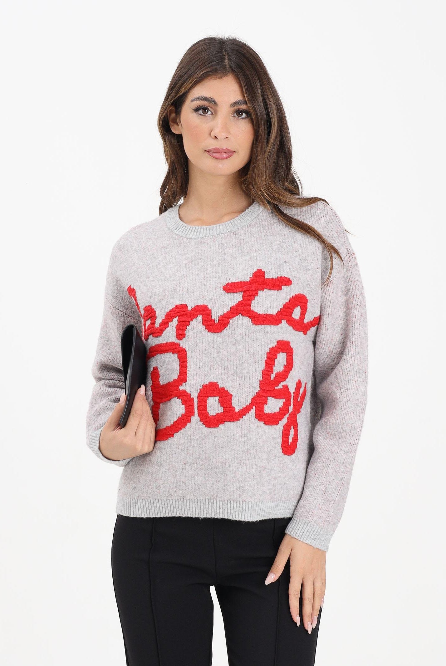 ONLY Maglioncino girocollo grigio da donna con ricamo Santa Baby 15359816 LightGreyMel ONLY