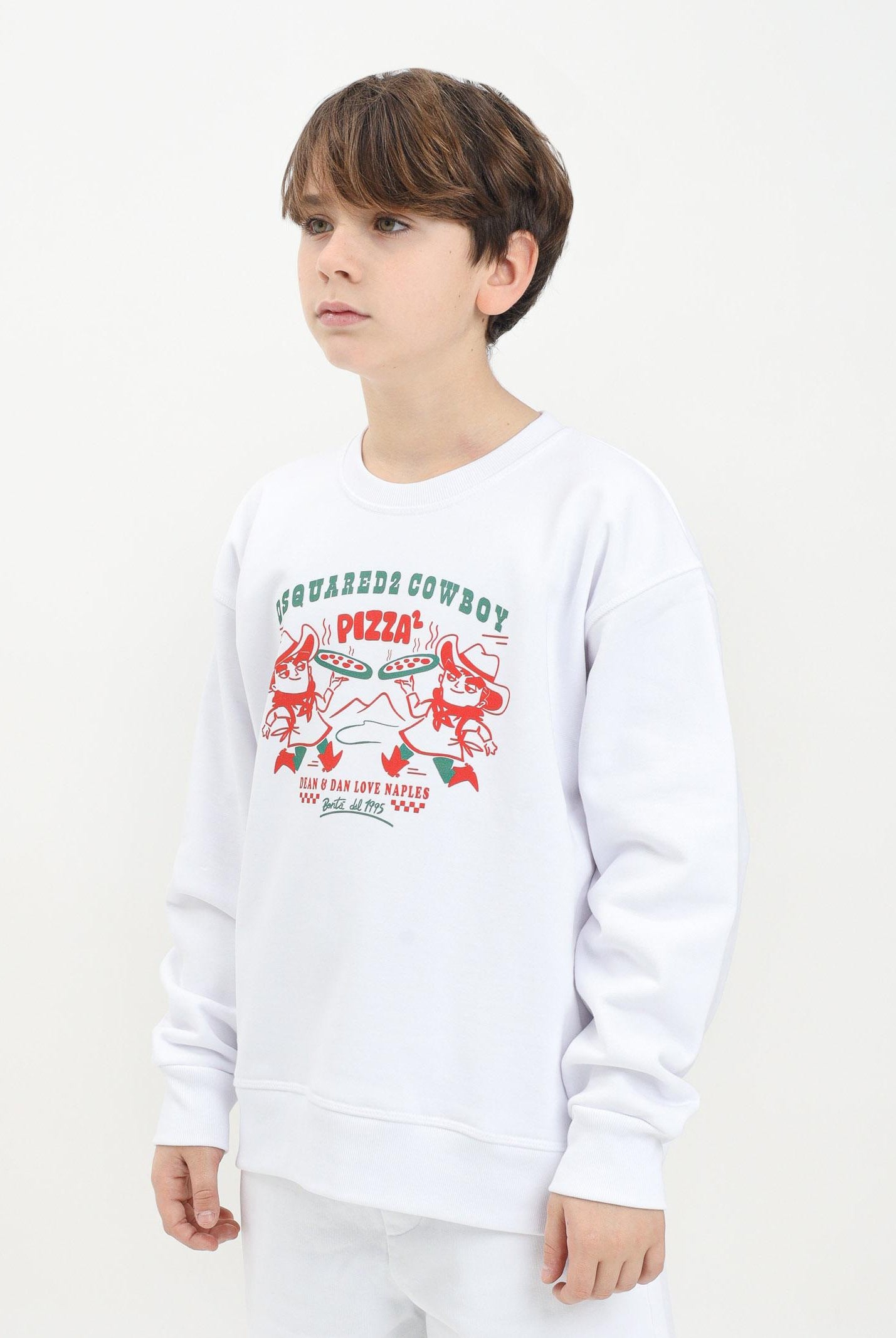 DSQUARED2 Felpa girocollo bianca per donna, ragazzi e bambini con grafica Cowboy Pizza DQ2977D0094 DQ100 DSQUARED2