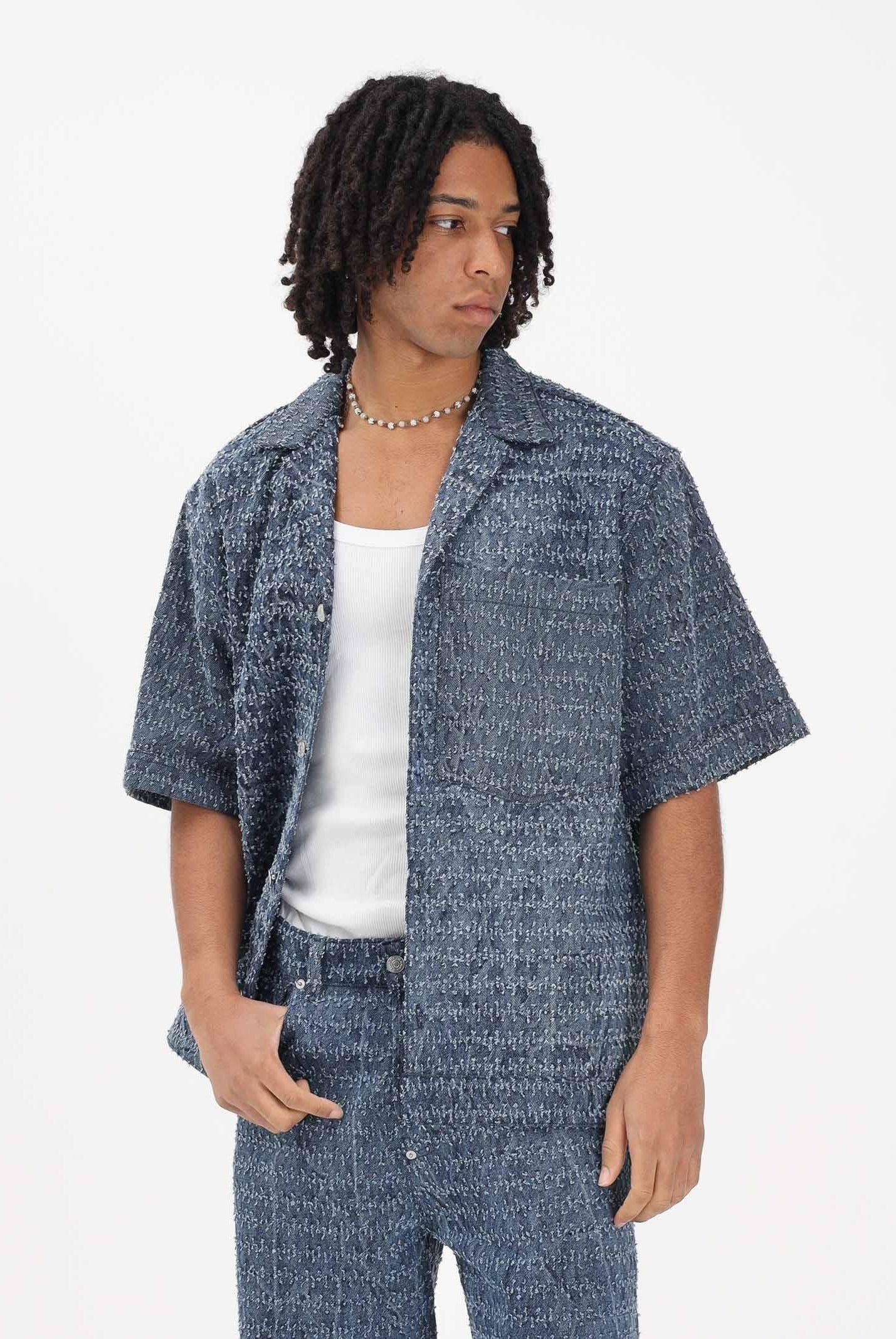 I'M BRIAN Camicia a manica corta in denim medio da uomo con lavorazione CA3649 0028 I'M BRIAN