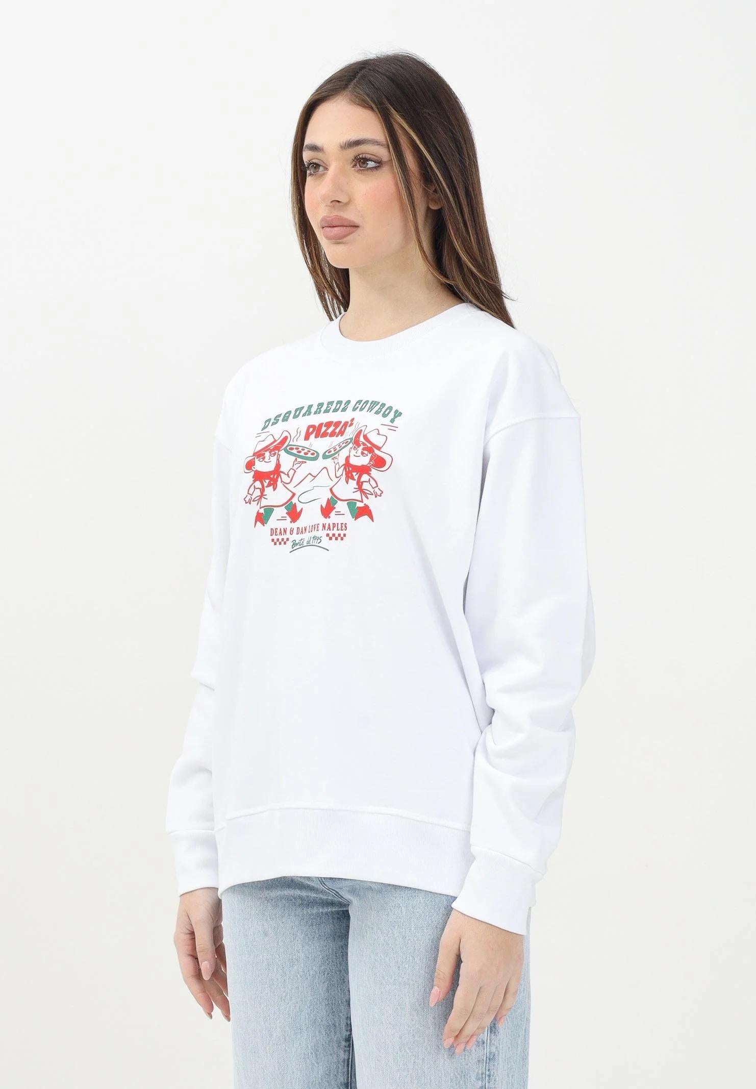 DSQUARED2 Felpa girocollo bianca per donna, ragazzi e bambini con grafica Cowboy Pizza DQ2977D0094 DQ100 DSQUARED2
