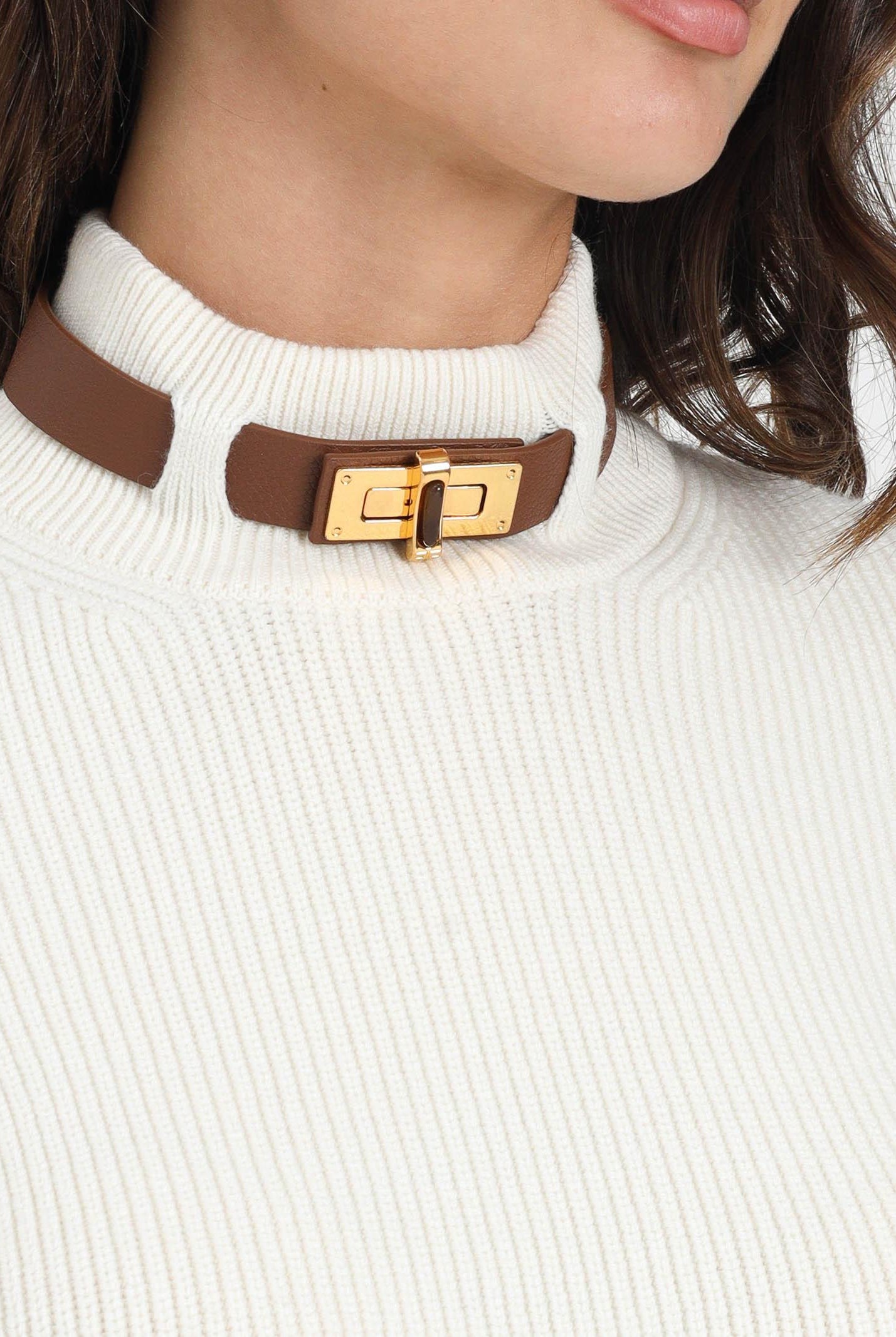 ELISABETTA FRANCHI Maglioncino a collo alto color latte da donna con cinturino gioiello MK05S56E2 DZ9 ELISABETTA FRANCHI