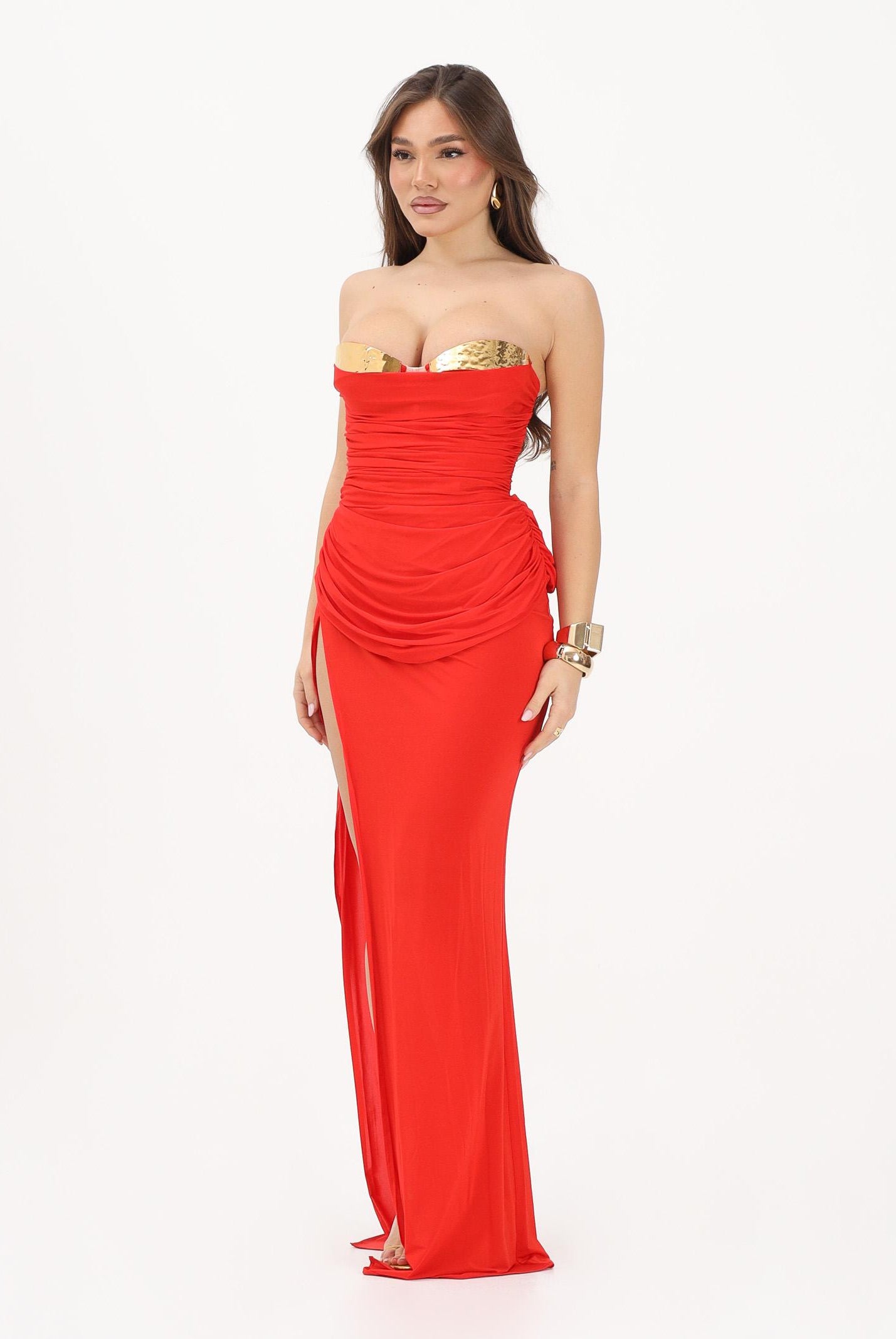 ELISABETTA FRANCHI Abito lungo rosso da donna con coppe in metallo ABR3562E2 FG2 ELISABETTA FRANCHI