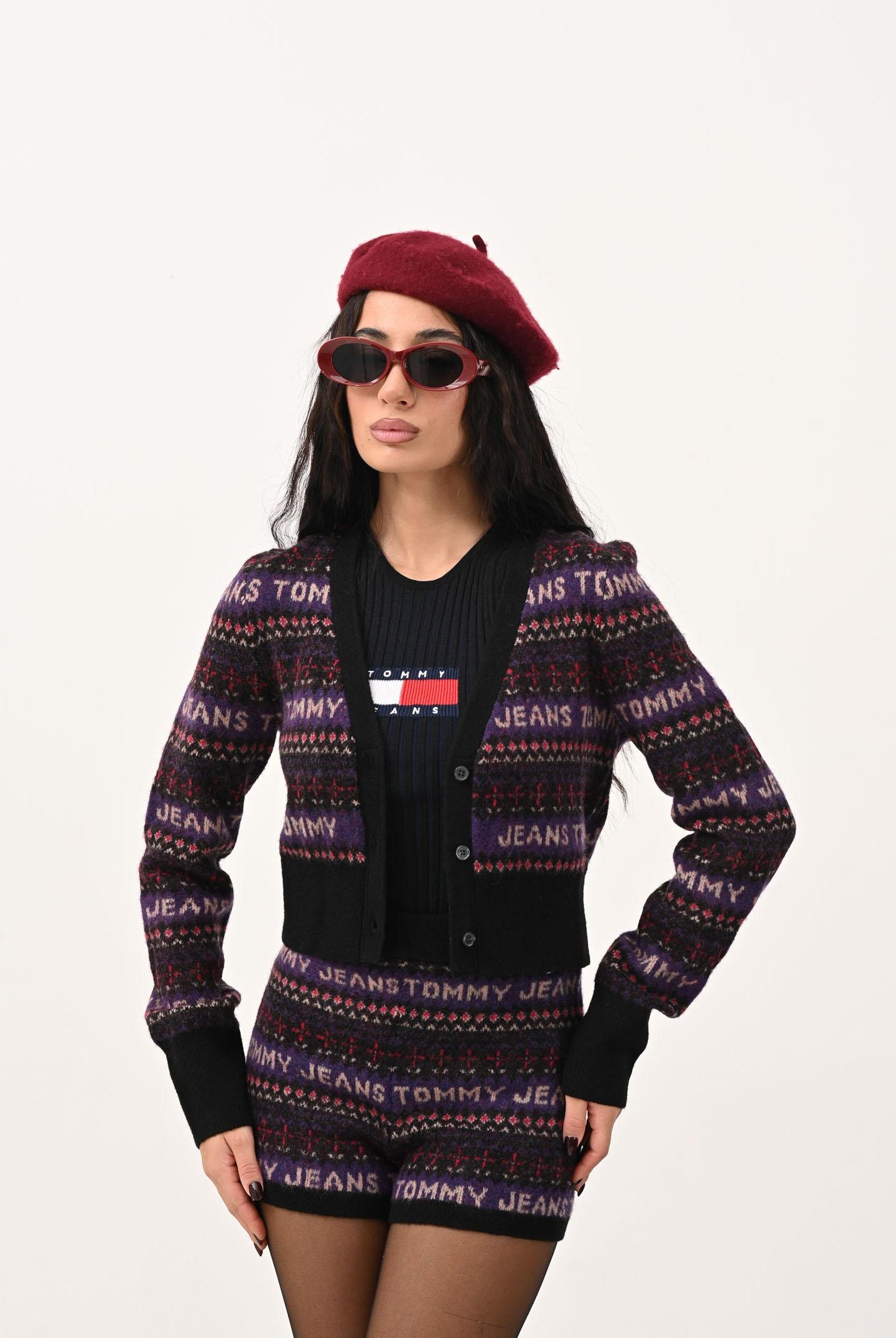 TOMMY JEANS Cardigan corto nero da donna con motivo Fair Isle DW0DW21691BDS TOMMY JEANS