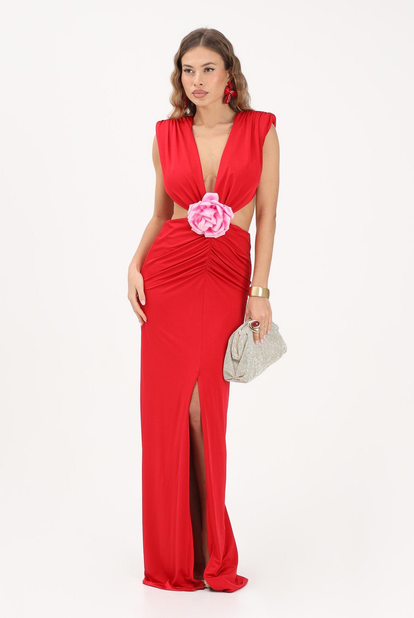 SHIT Abito lungo rosso da donna con cut-out e fiore removibile SSH26026U RE SHIT