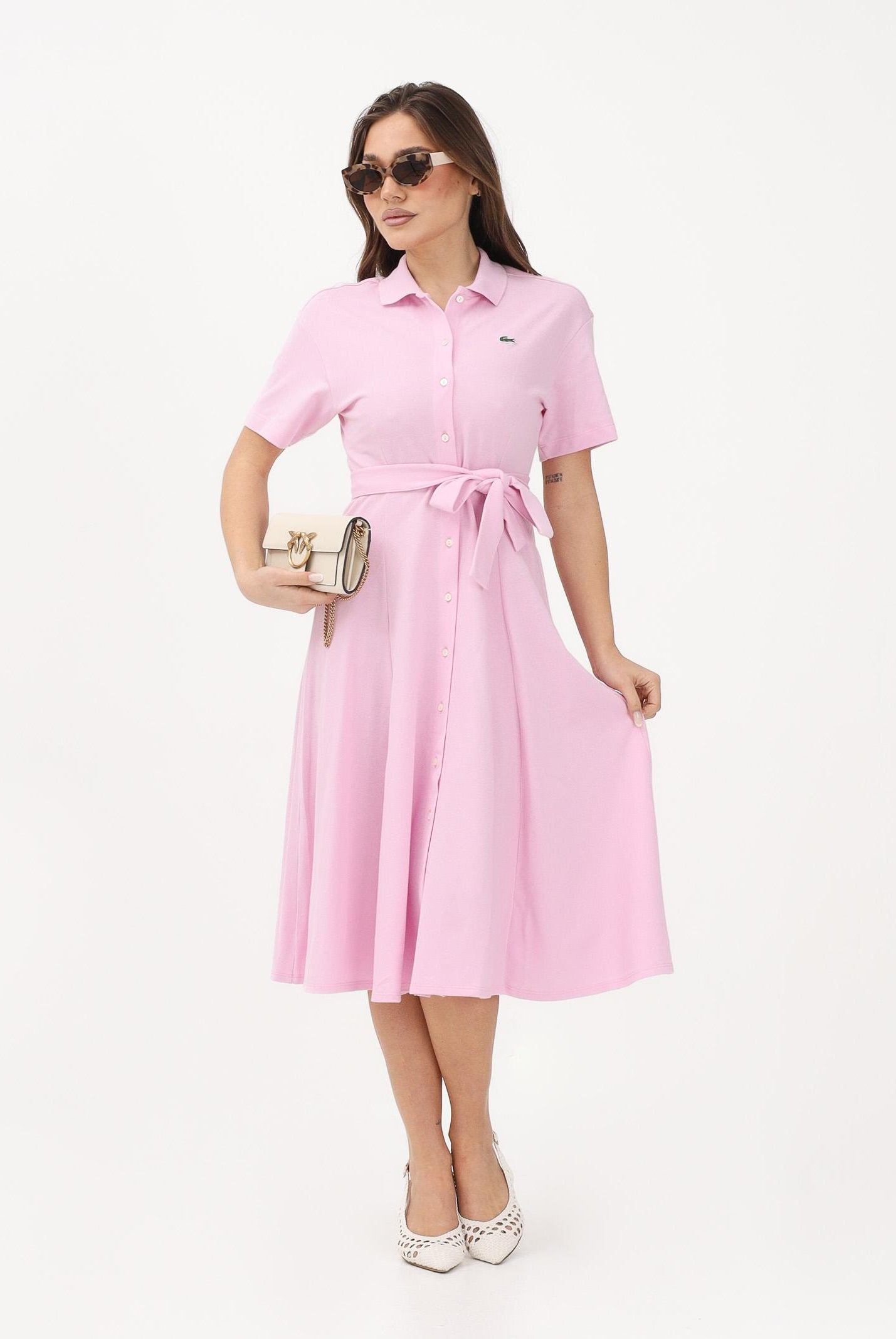 LACOSTE Abito midi rosa da donna in mini piqué EF9621 Z4H LACOSTE