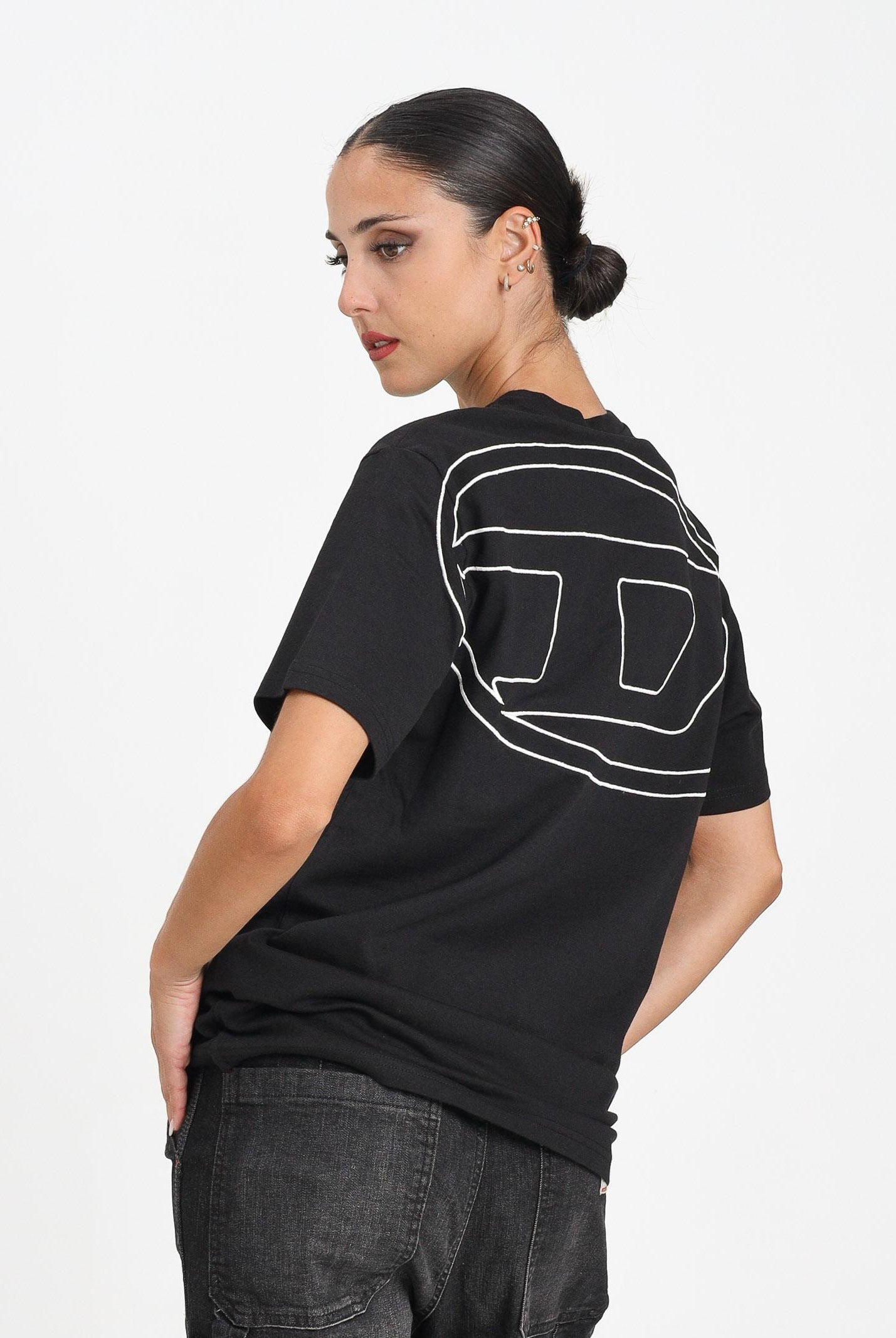 DIESEL T-shirt a manica corta nera per donna, ragazzi e bambini con logo Oval D J022760HGAM K900 DIESEL