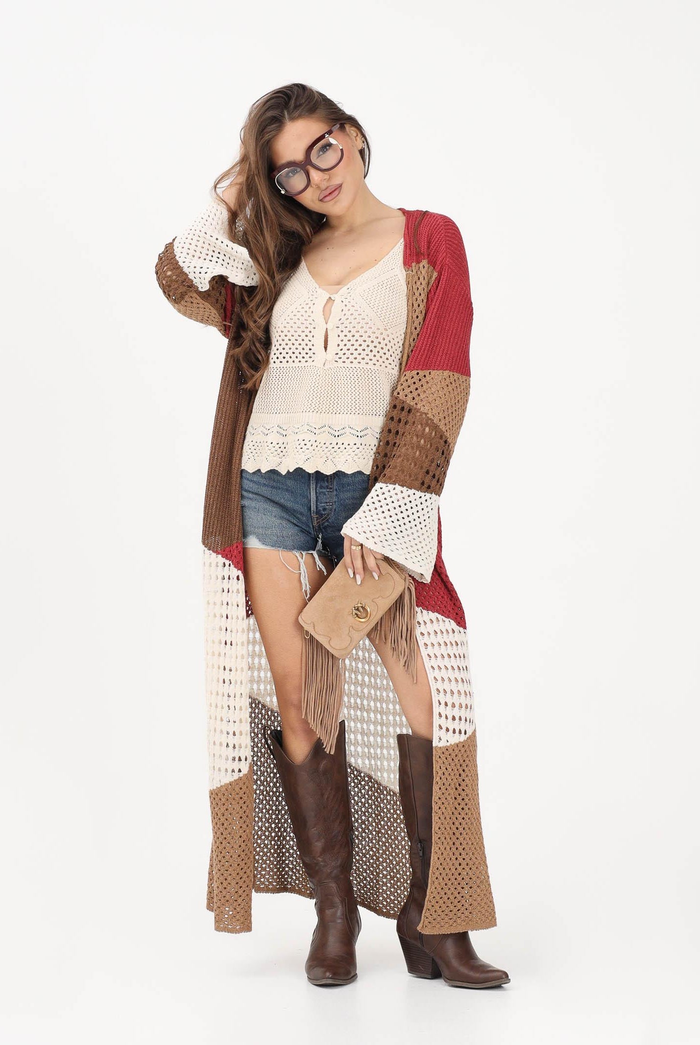AKEP Cardigan lungo multicolore da donna in maglia traforata MGKD13070 V1 AKEP