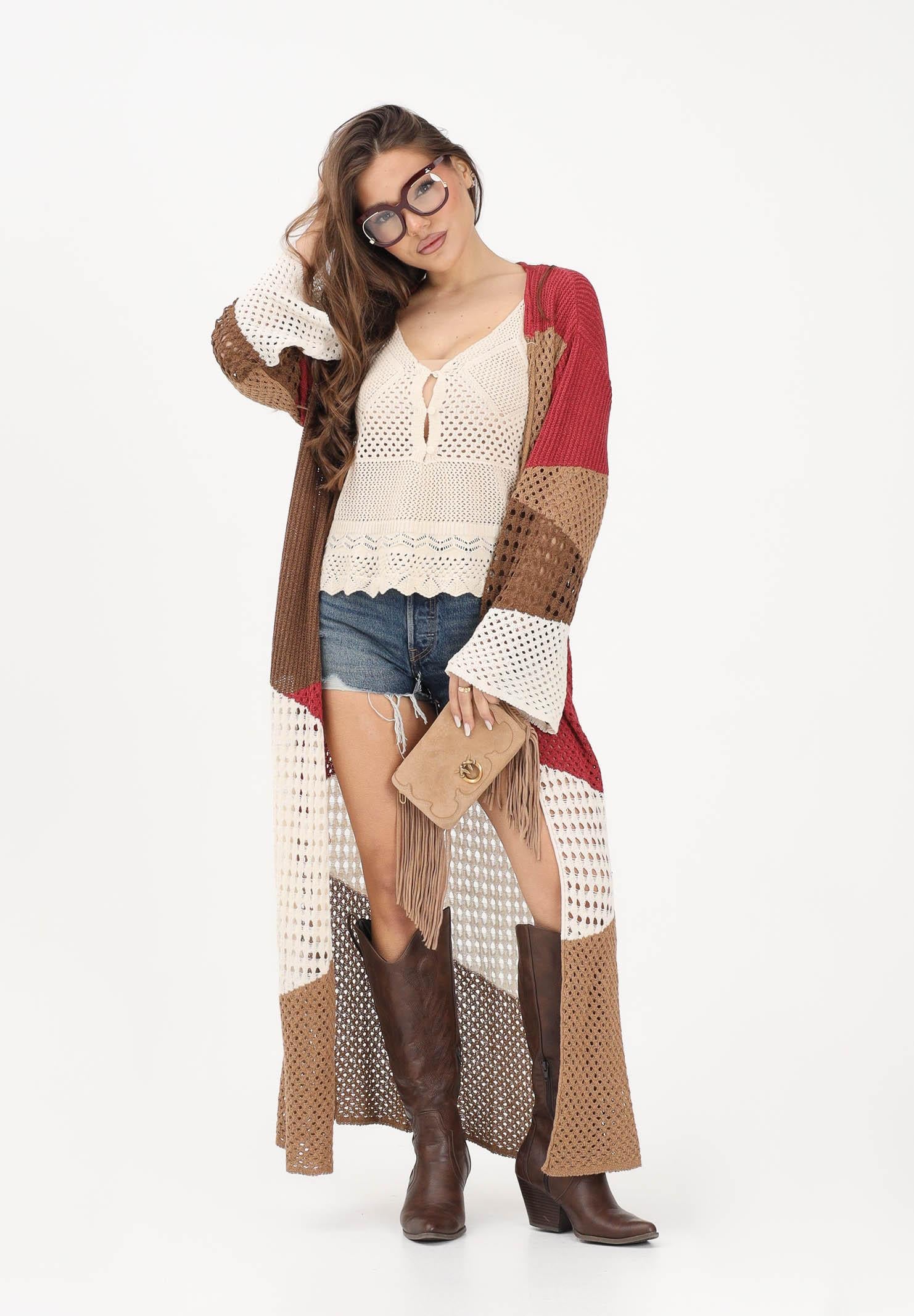AKEP Cardigan lungo multicolore da donna in maglia traforata MGKD13070 V1 AKEP