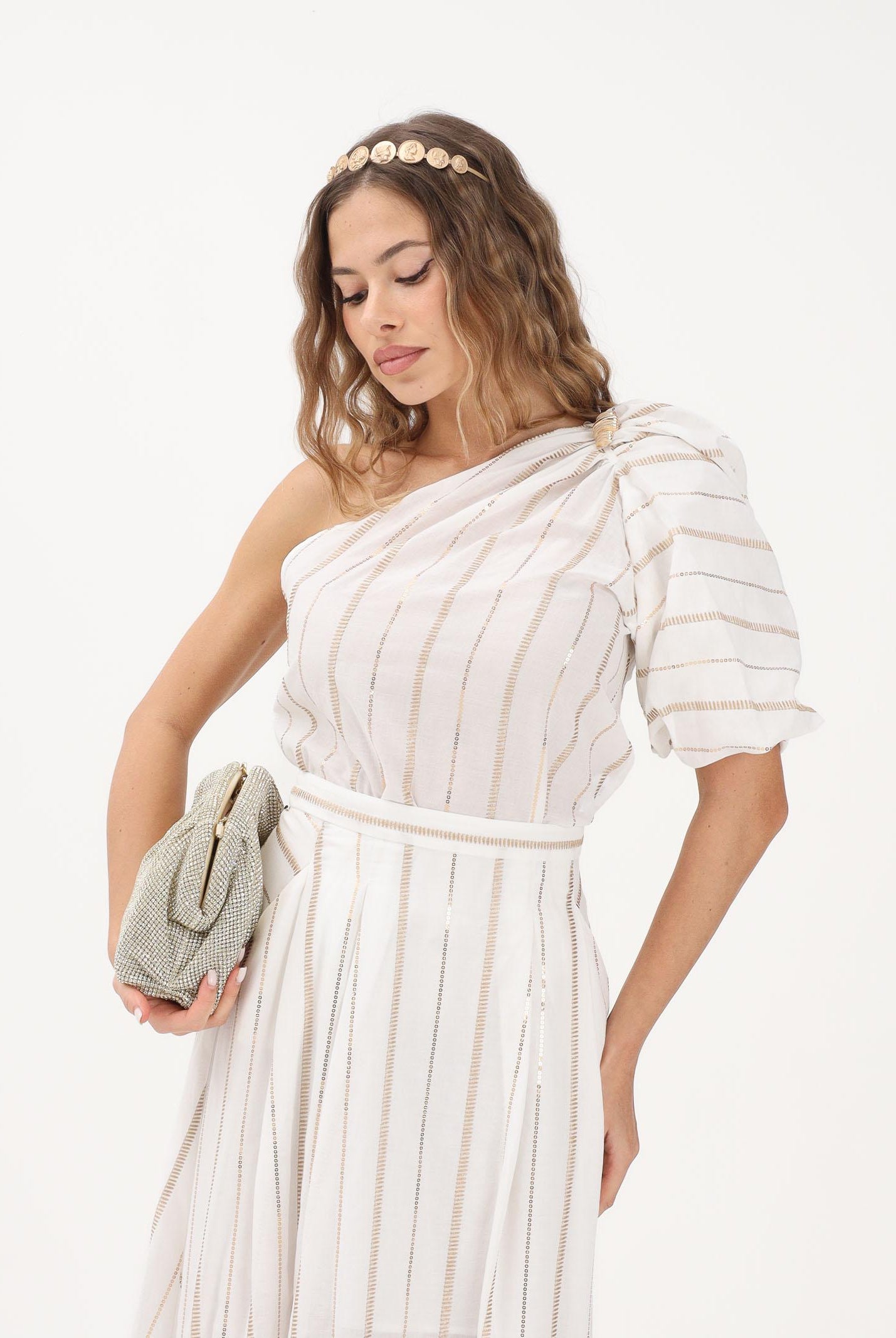 SIMONA CORSELLINI Top monospalla bianco da donna con delicate righe verticali con filo lurex P26CPTOC0101 V0001 SIMONA CORSELLINI