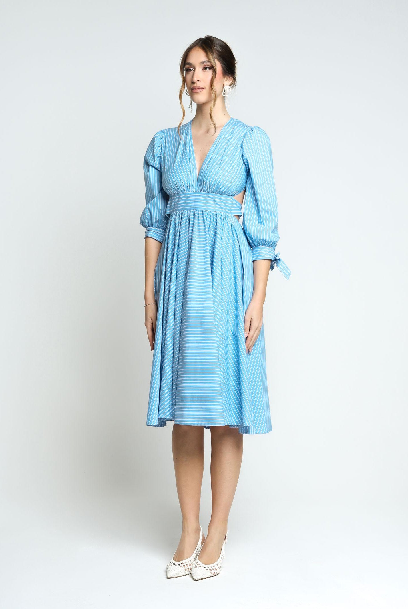 SANTAS Abito midi TIRAMISU' celeste da donna con stampa a righe PV25023 CELESTE SANTAS