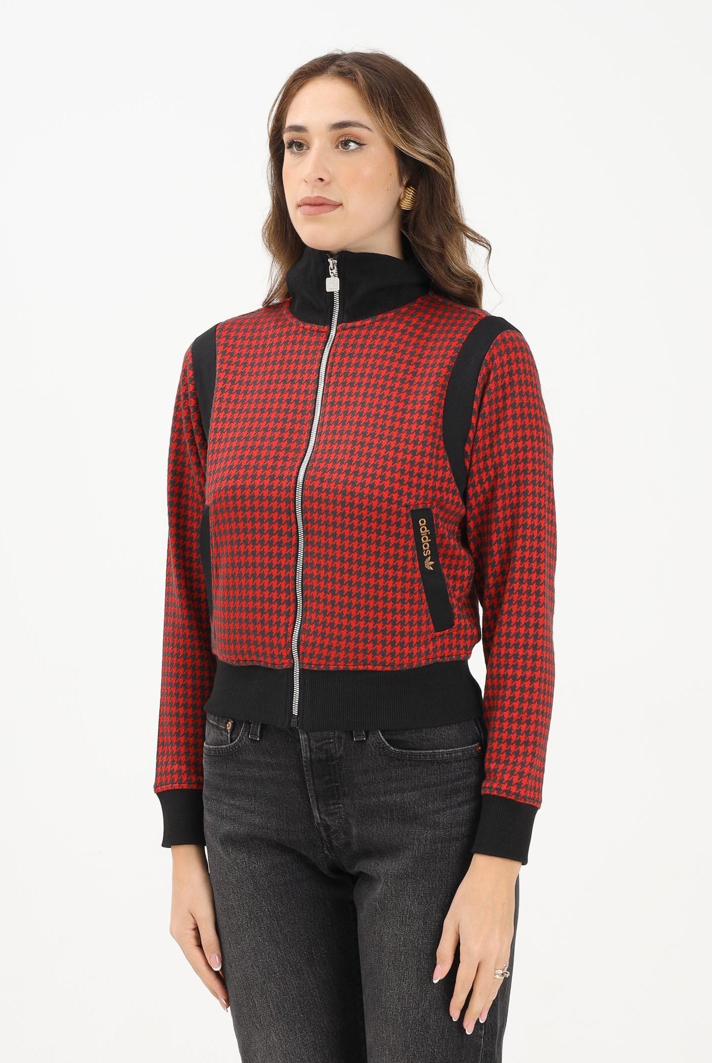 ADIDAS ORIGINALS Felpa con zip pied-de-poule rossa e nera da donna JY3461 . ADIDAS ORIGINALS