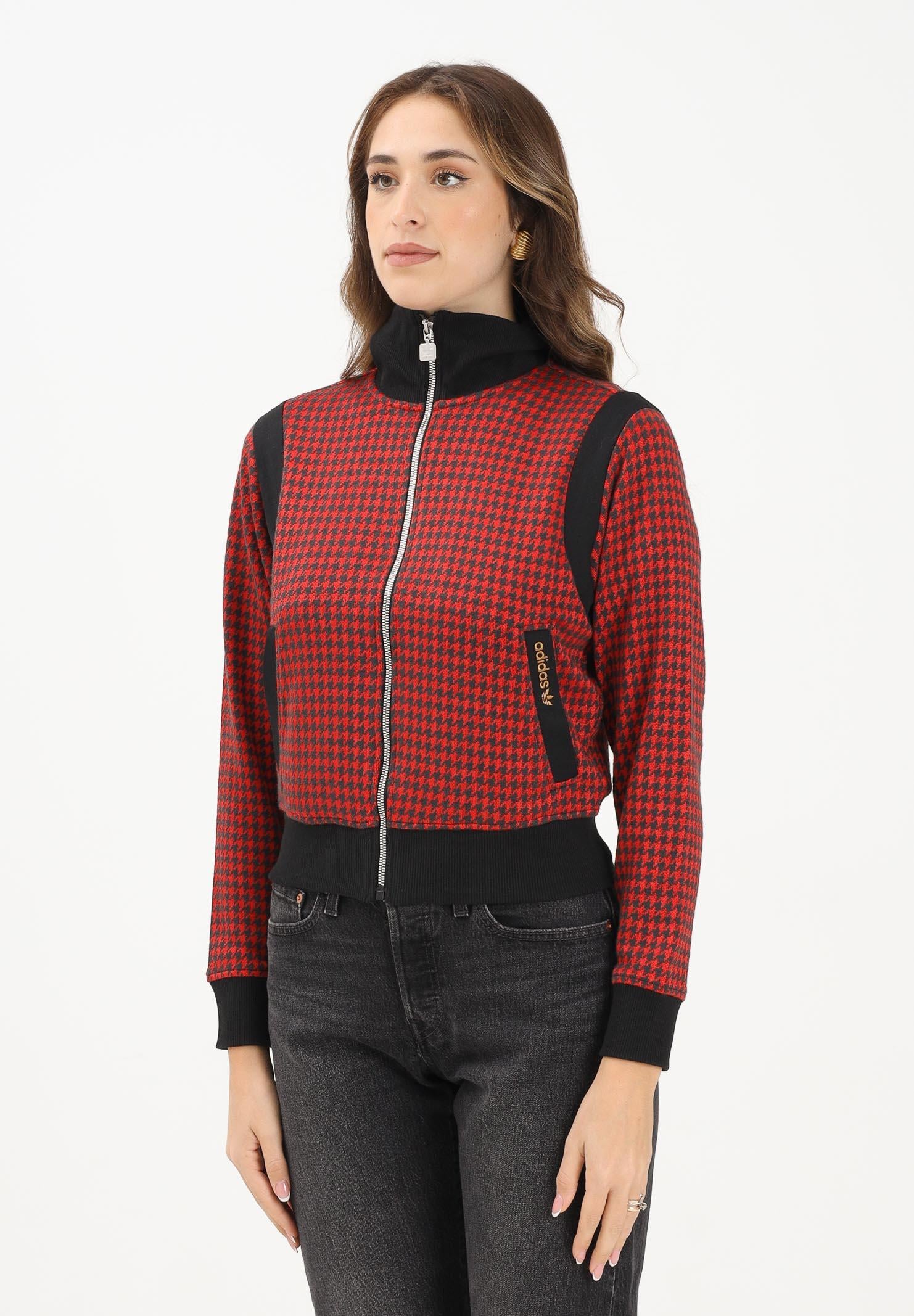 ADIDAS ORIGINALS Felpa con zip pied-de-poule rossa e nera da donna JY3461 . ADIDAS ORIGINALS