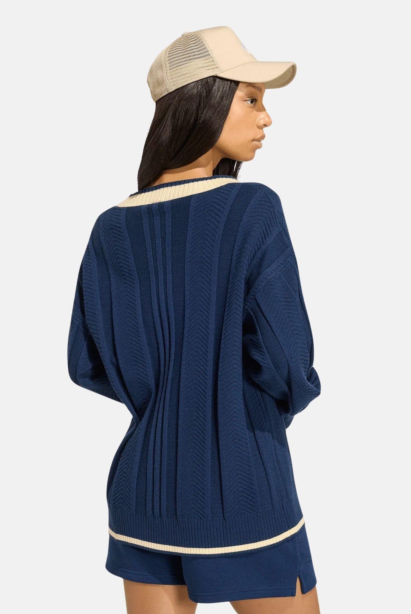 ADIDAS ORIGINALS Cardigan Cable Knit Cardigan blu navy e bianco panna da donna KT1859 . ADIDAS ORIGINALS