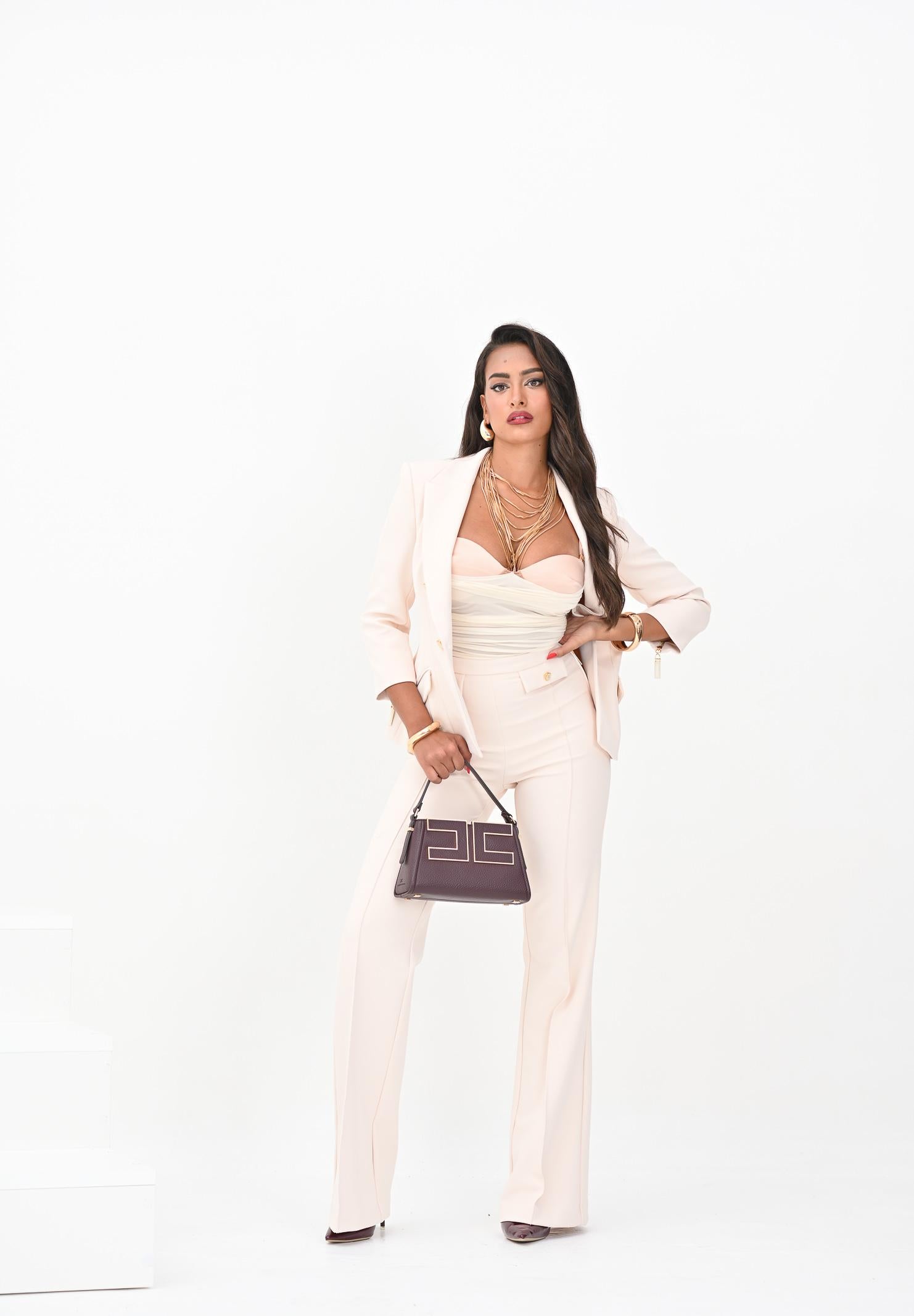 ELISABETTA FRANCHI Pantalone elegante color latte da donna in doppio crêpe PA12156E2 DZ9 ELISABETTA FRANCHI