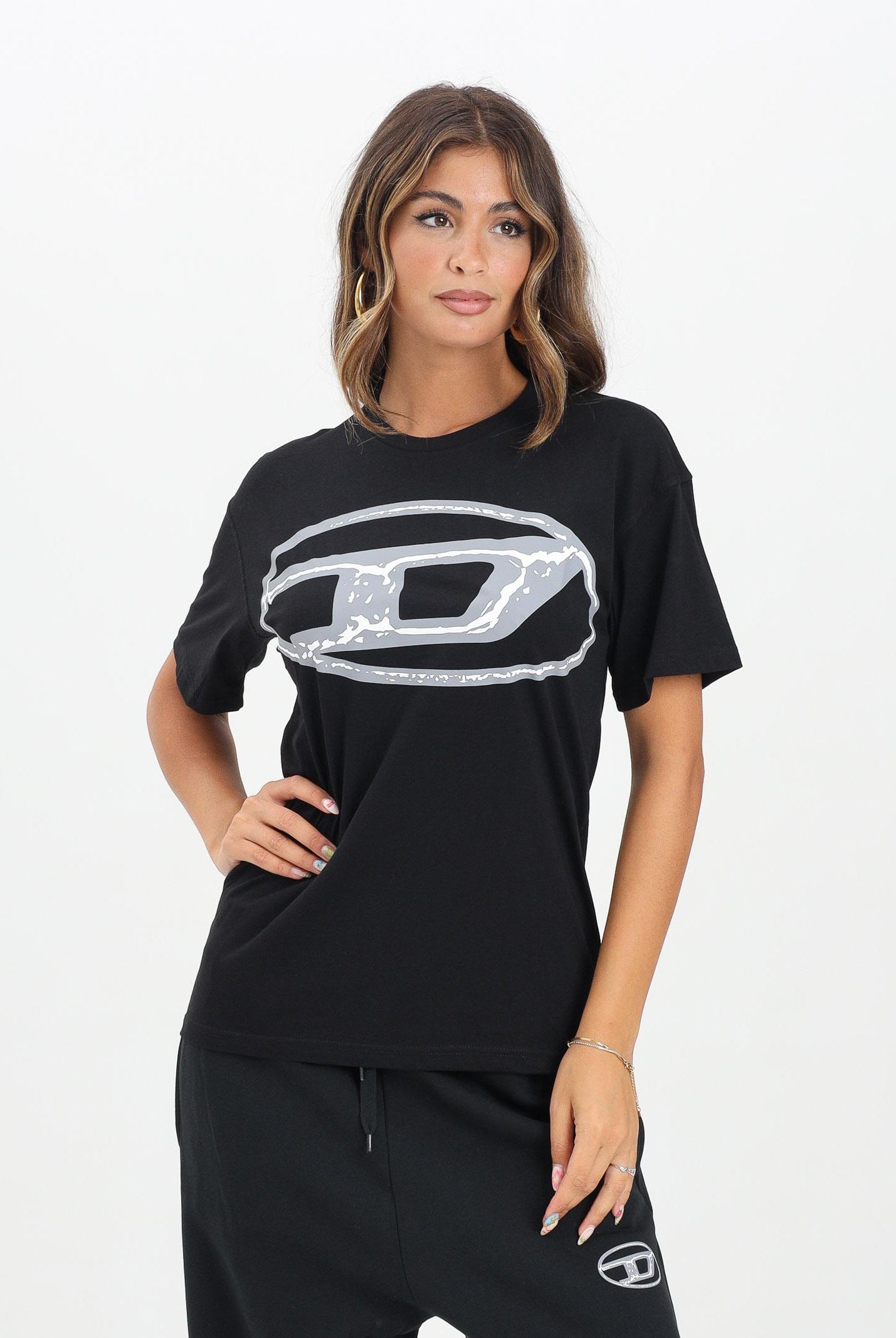 DIESEL T-shirt a manica corta nera per donna, ragazzi e bambini con maxi logo Oval D J02477KYAUN K900 DIESEL