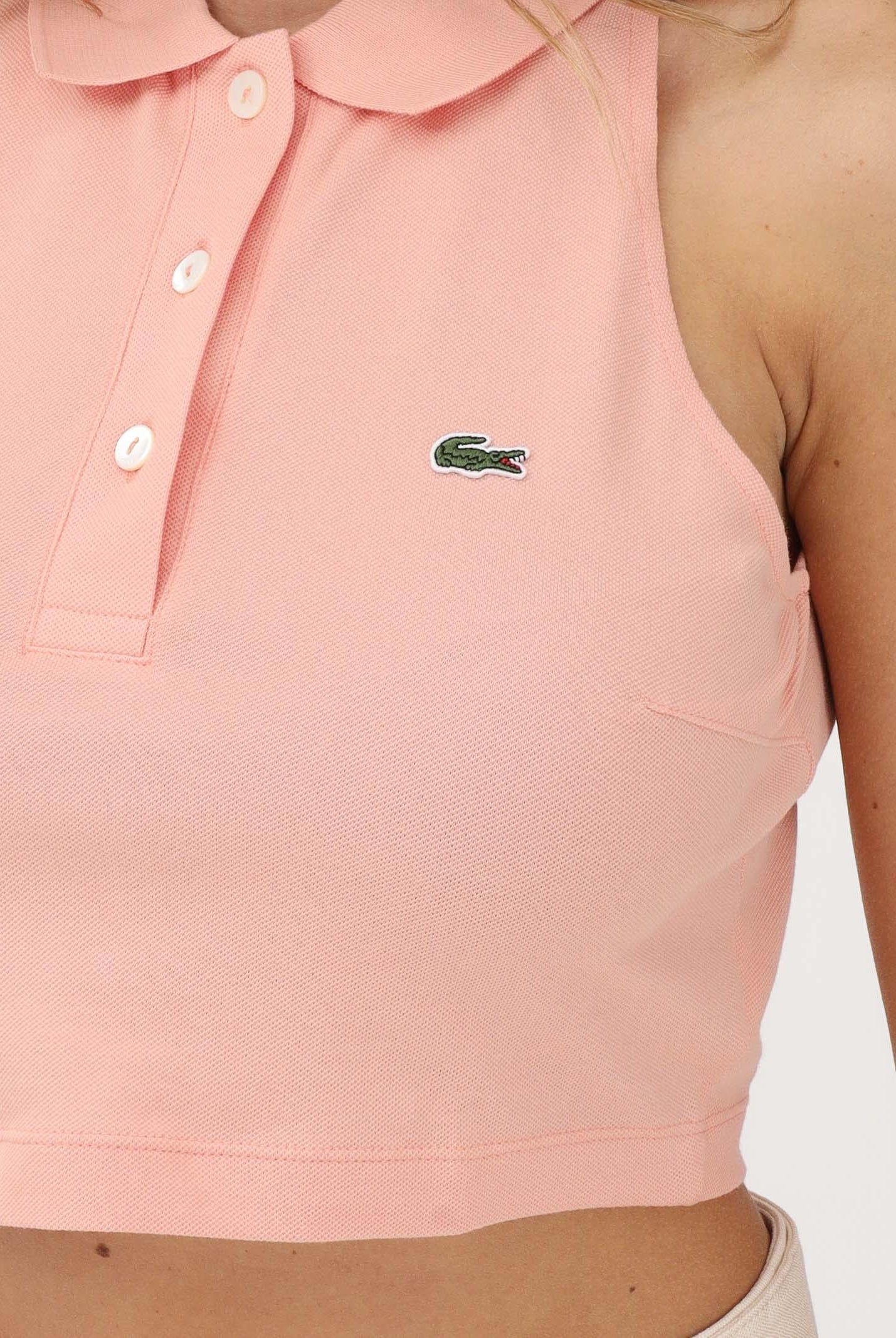 LACOSTE Polo crop rosa pesca da donna con logo PF3123 UI2 LACOSTE
