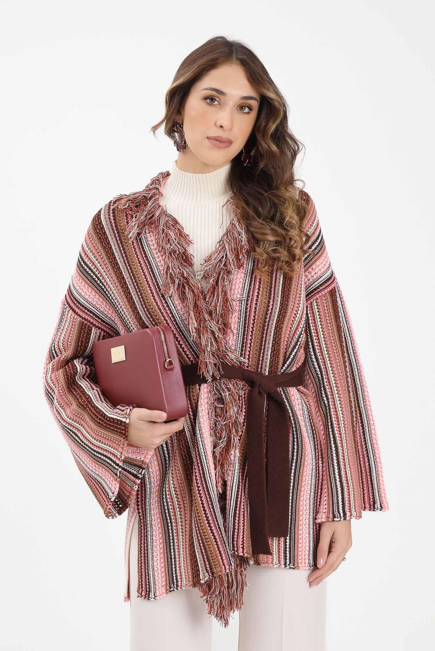 AKEP Kimono rosa da donna in maglia rigata multicolor MGKD11063 V2 AKEP