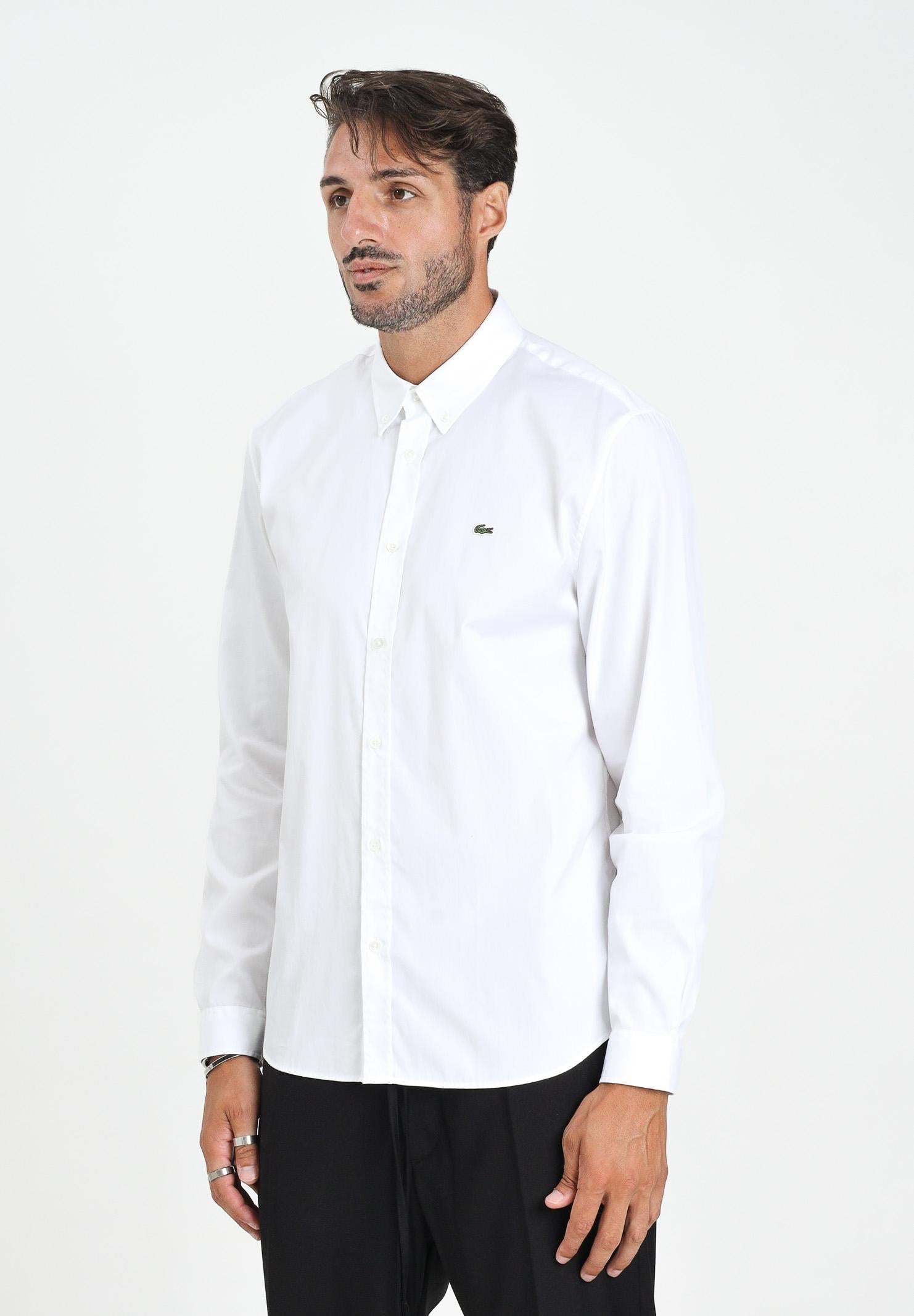 LACOSTE Camicia a manica lunga bianca da uomo con patch logo CH2933 001. LACOSTE
