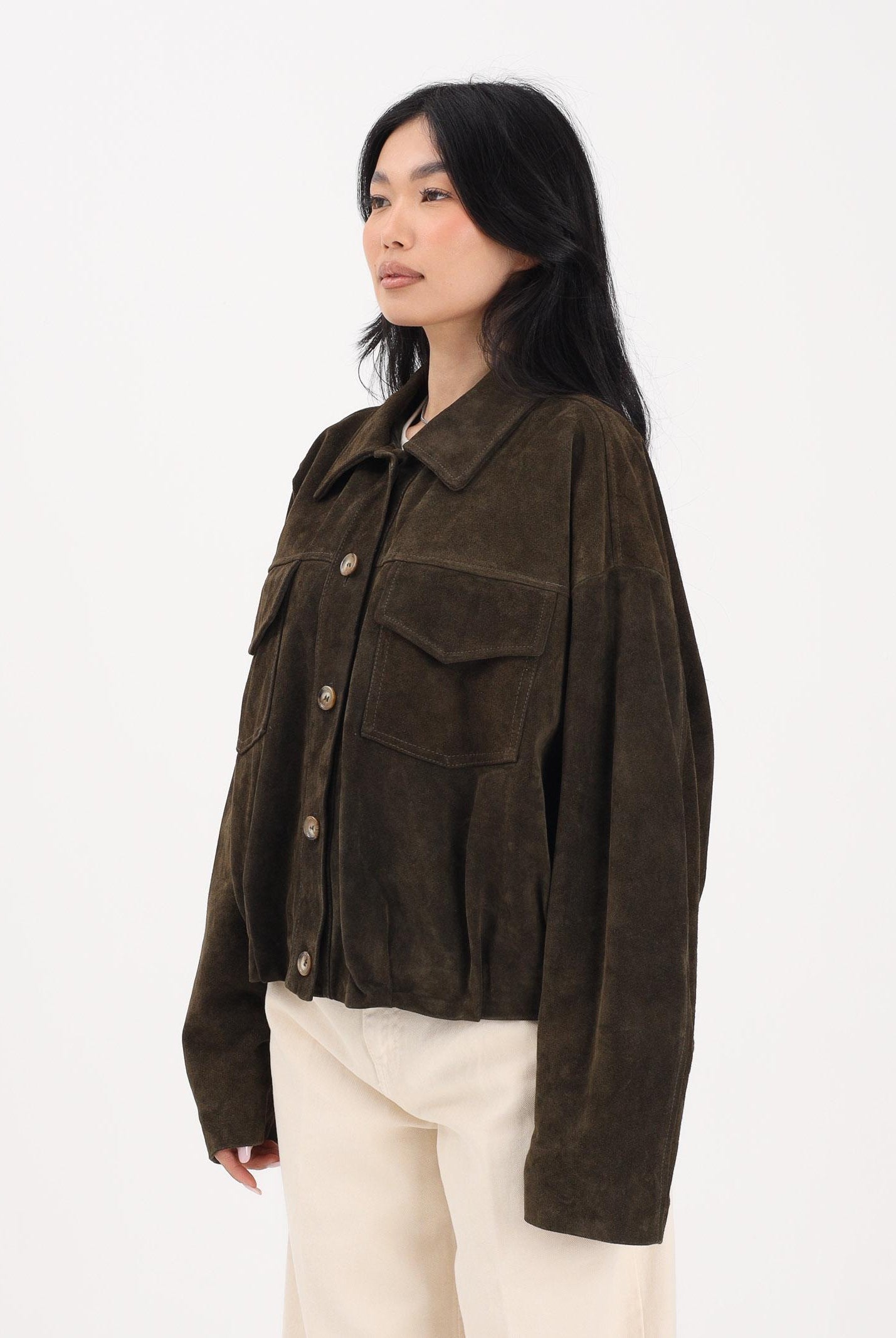 VICOLO Giubbotto in pelle scamosciata verde militare da donna TAB0171 ABU19 VICOLO