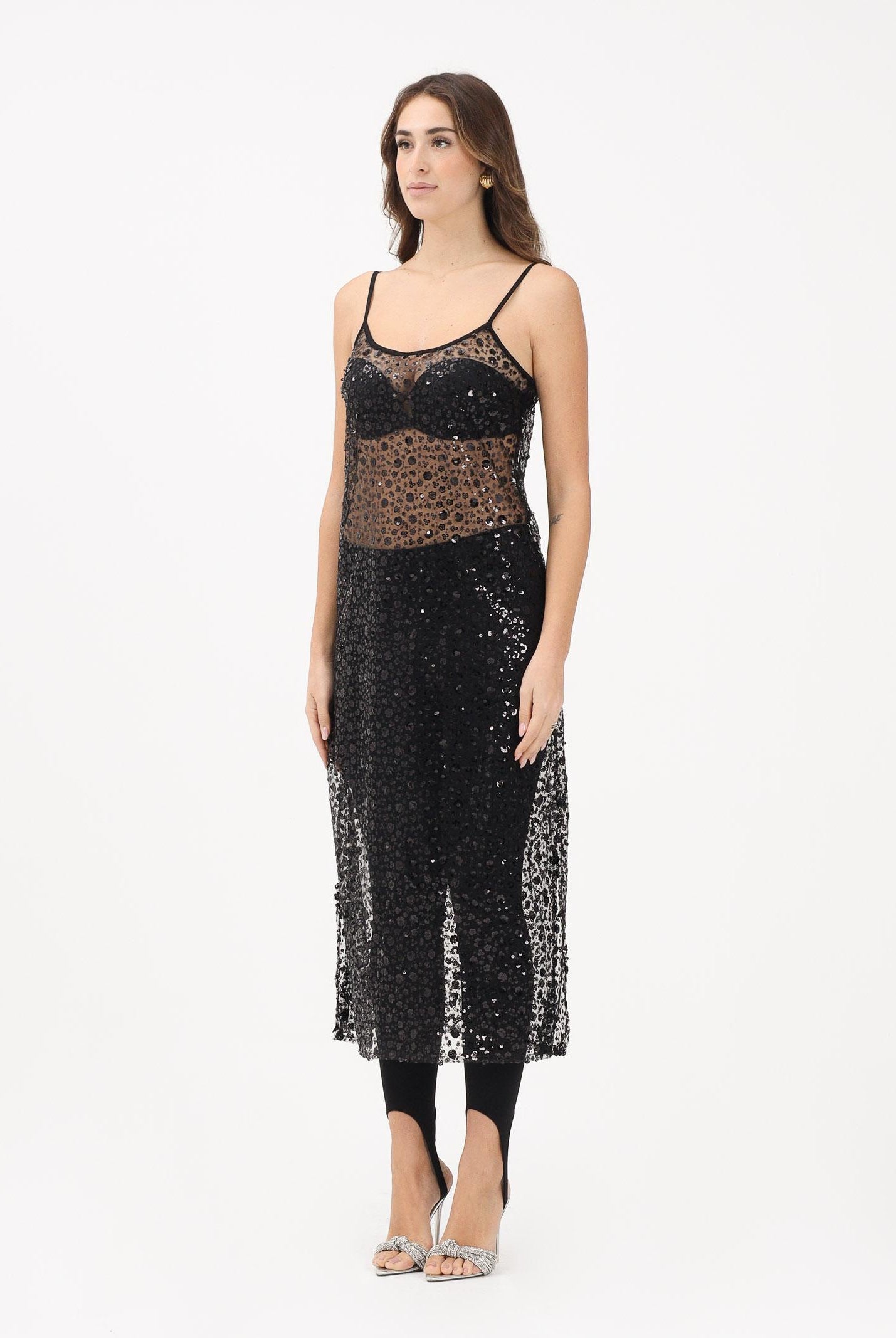 VICOLO Abito lungo nero da donna con fiorellini di paillettes TF1150 NE VICOLO