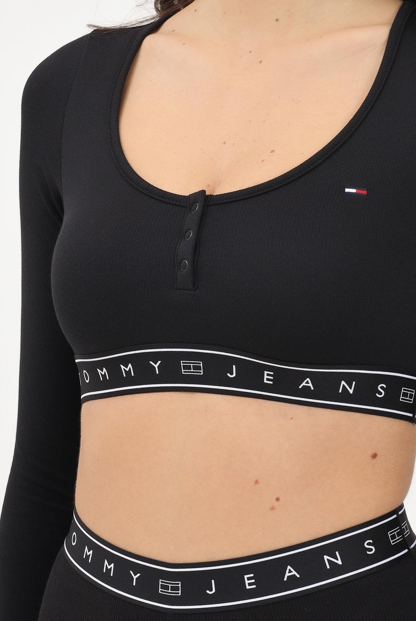 TOMMY JEANS Top a manica lunga nera da donna con fascia logata DW0DW22538 BDS TOMMY JEANS