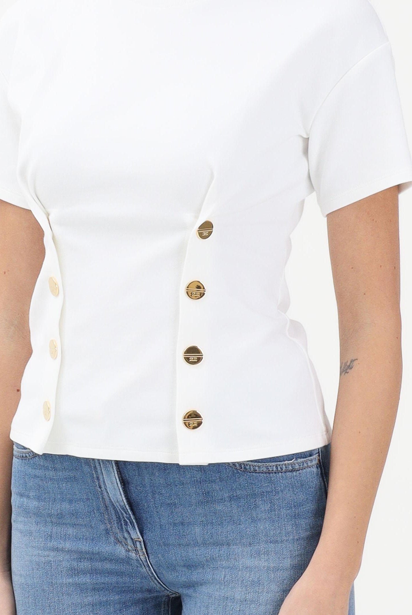ELISABETTA FRANCHI T-shirt a manica corta bianca da donna con applicazioni di bottoni decorativi MA00461E2 270 ELISABETTA FRANCHI